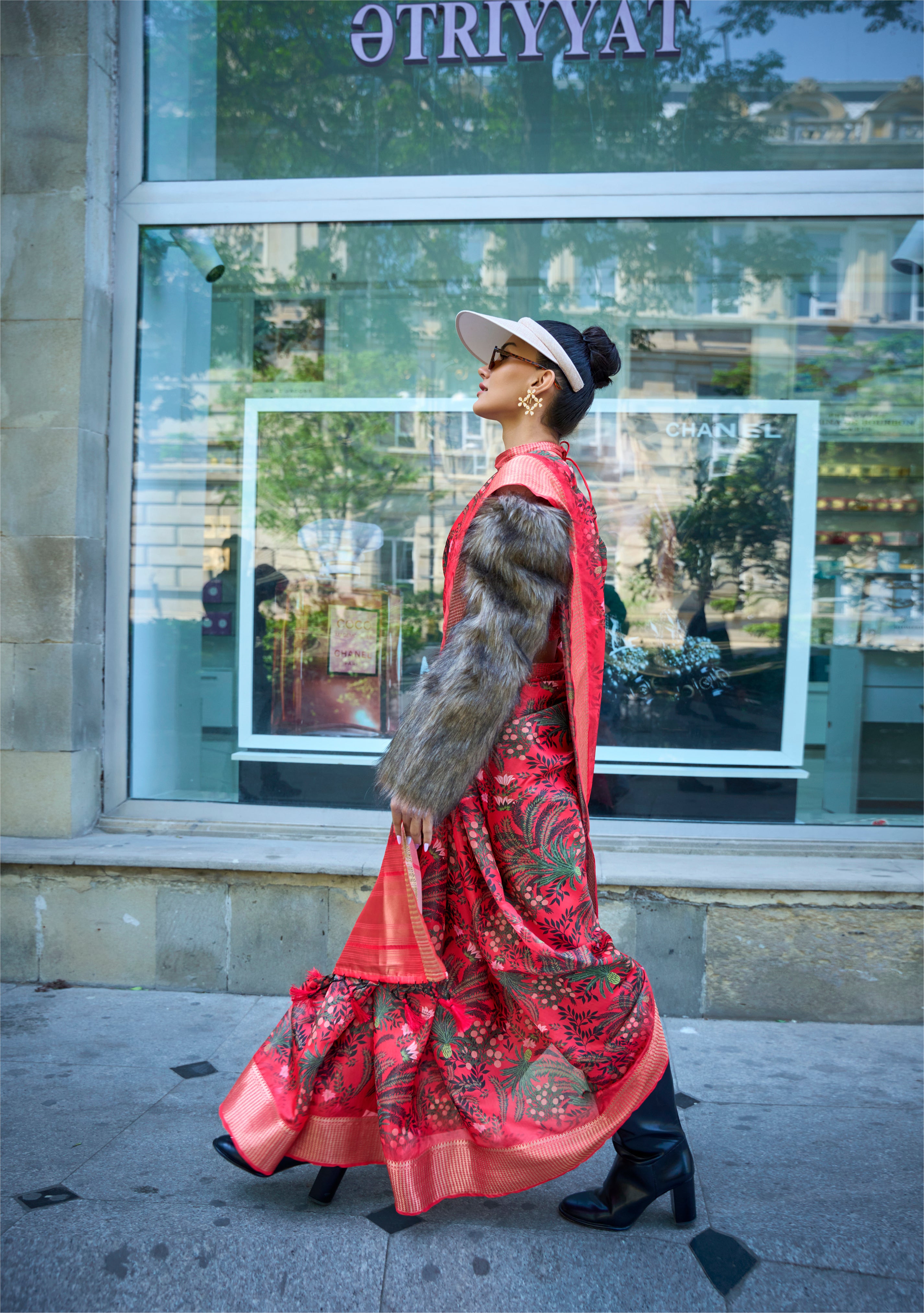 Peach Blossom Organza Printed Satin Silk Saree