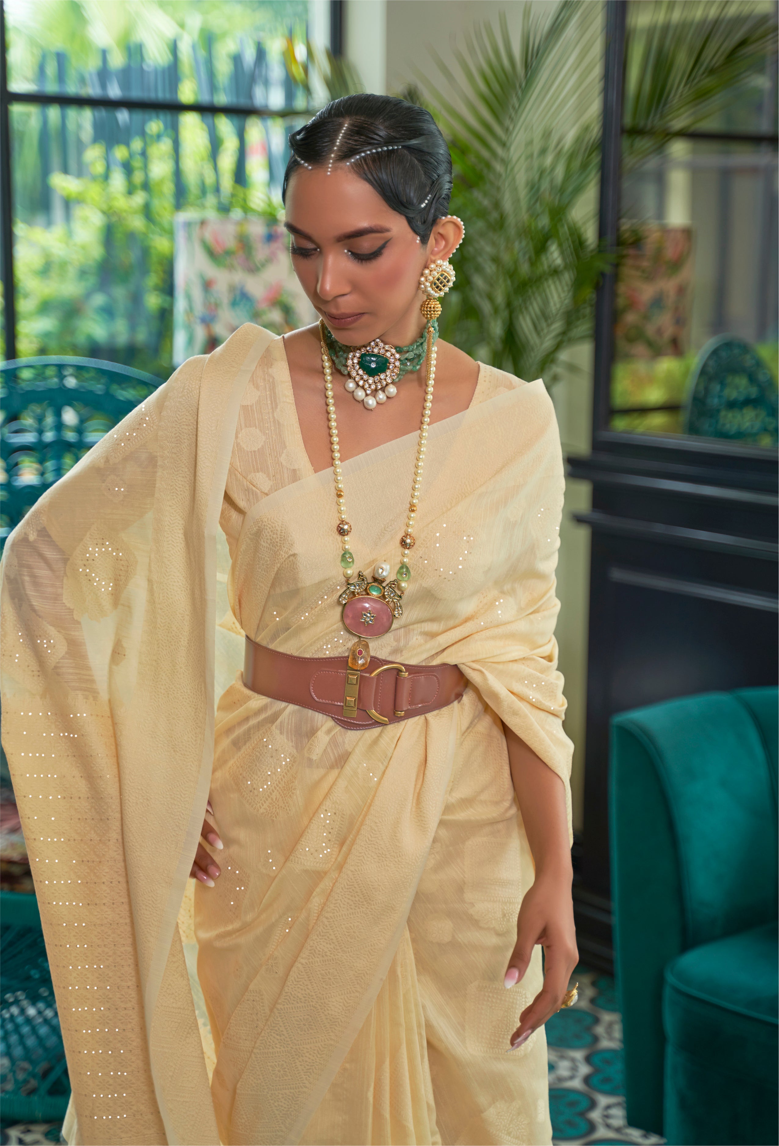 Pastel Yellow Woven Chikankari Silk Saree