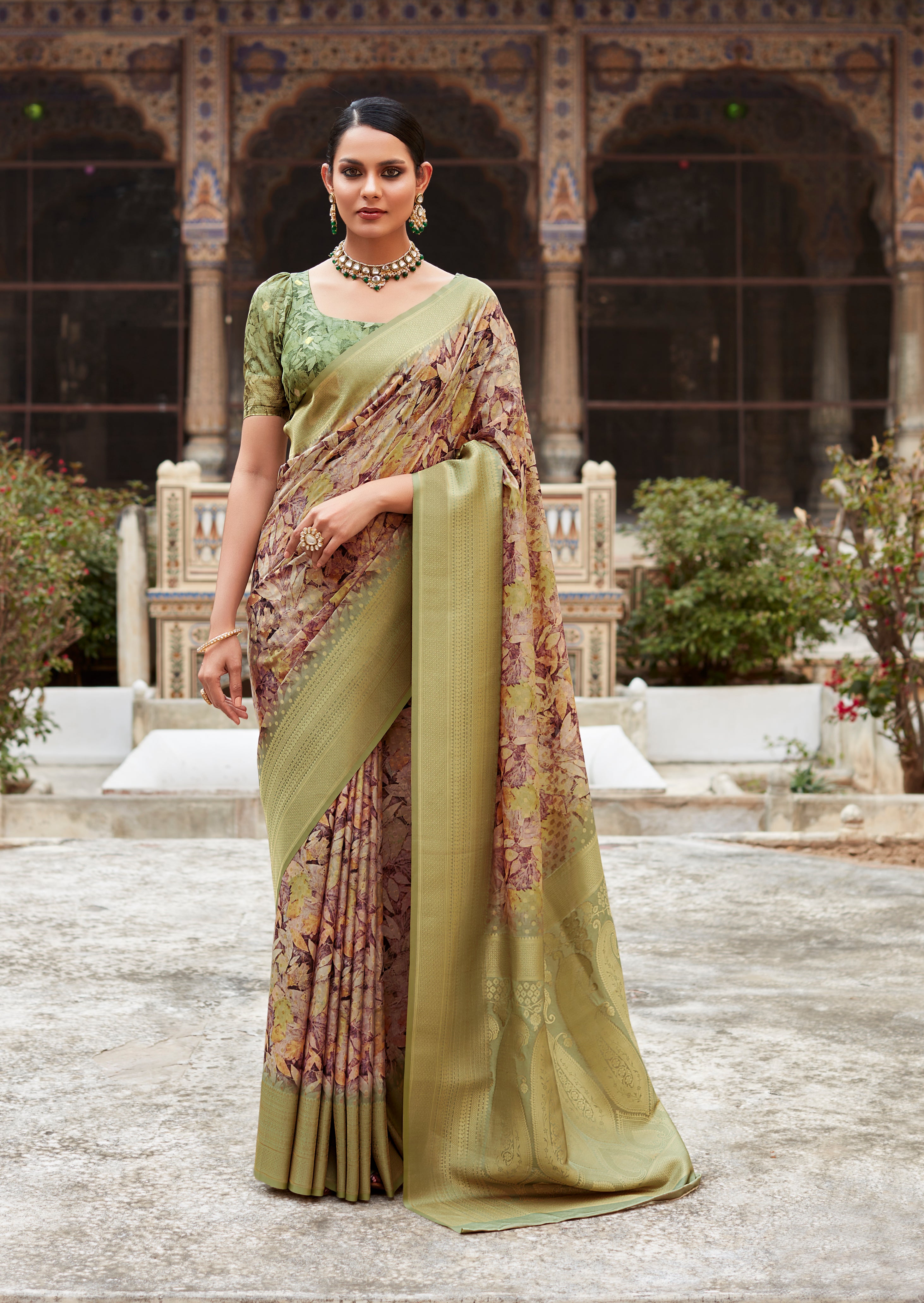 Pine Green Banarasi Digital Printed Silk Saree