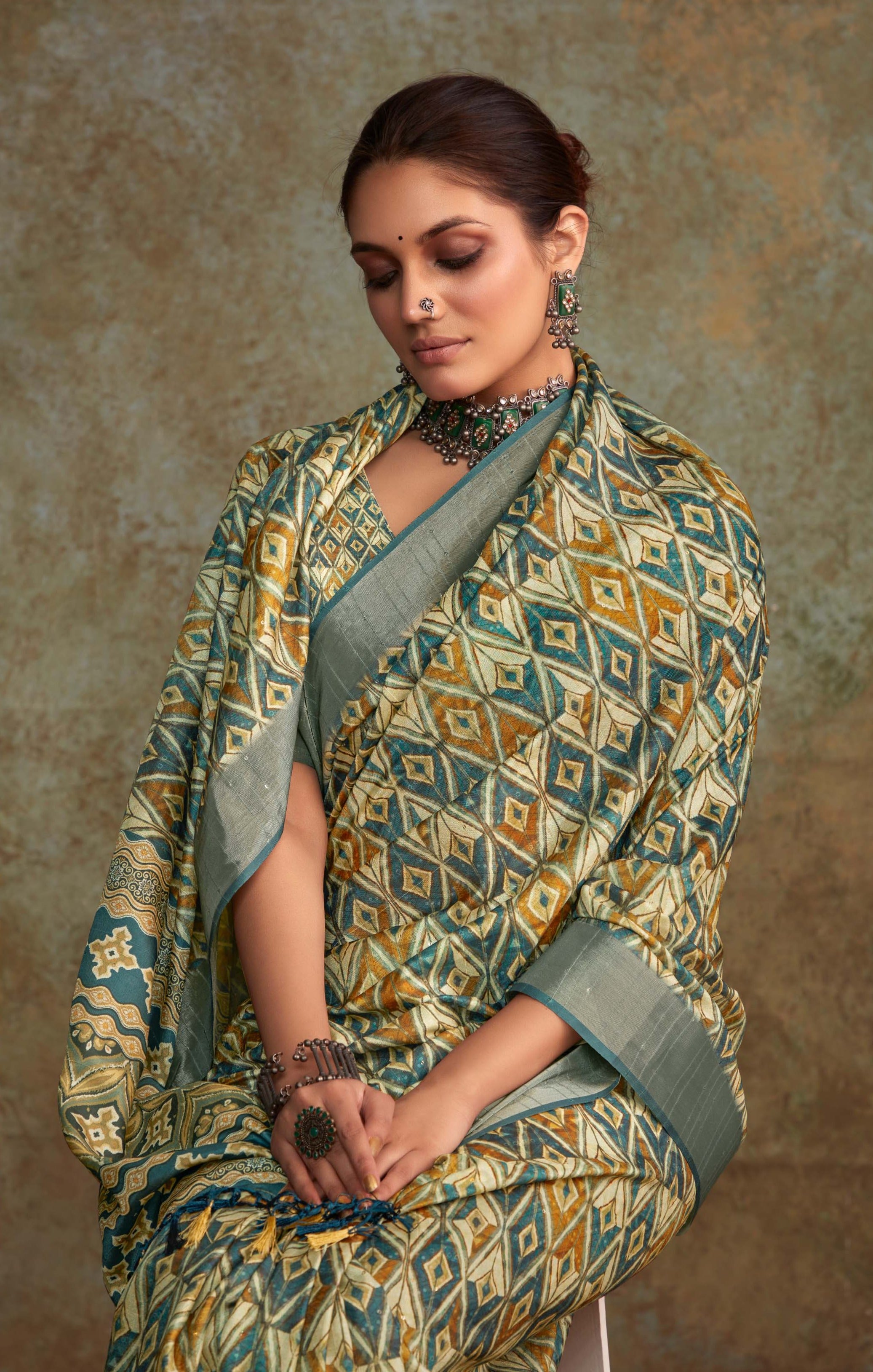 Elegant Light Green Banarasi Digital Printed Saree