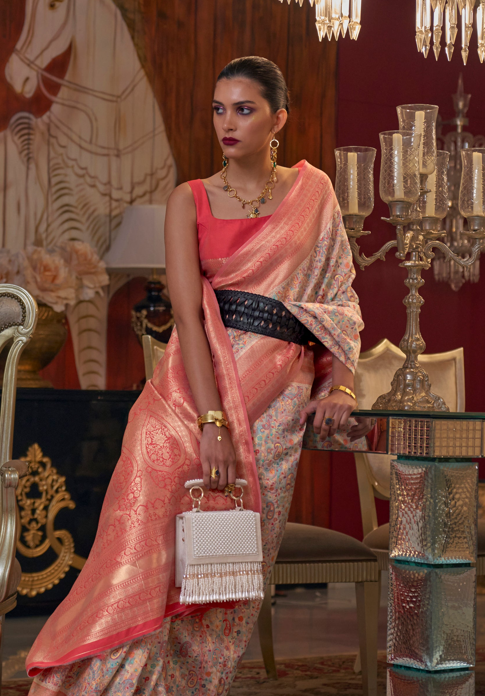 Peach Delight Kashmiri Jamewar Silk Saree