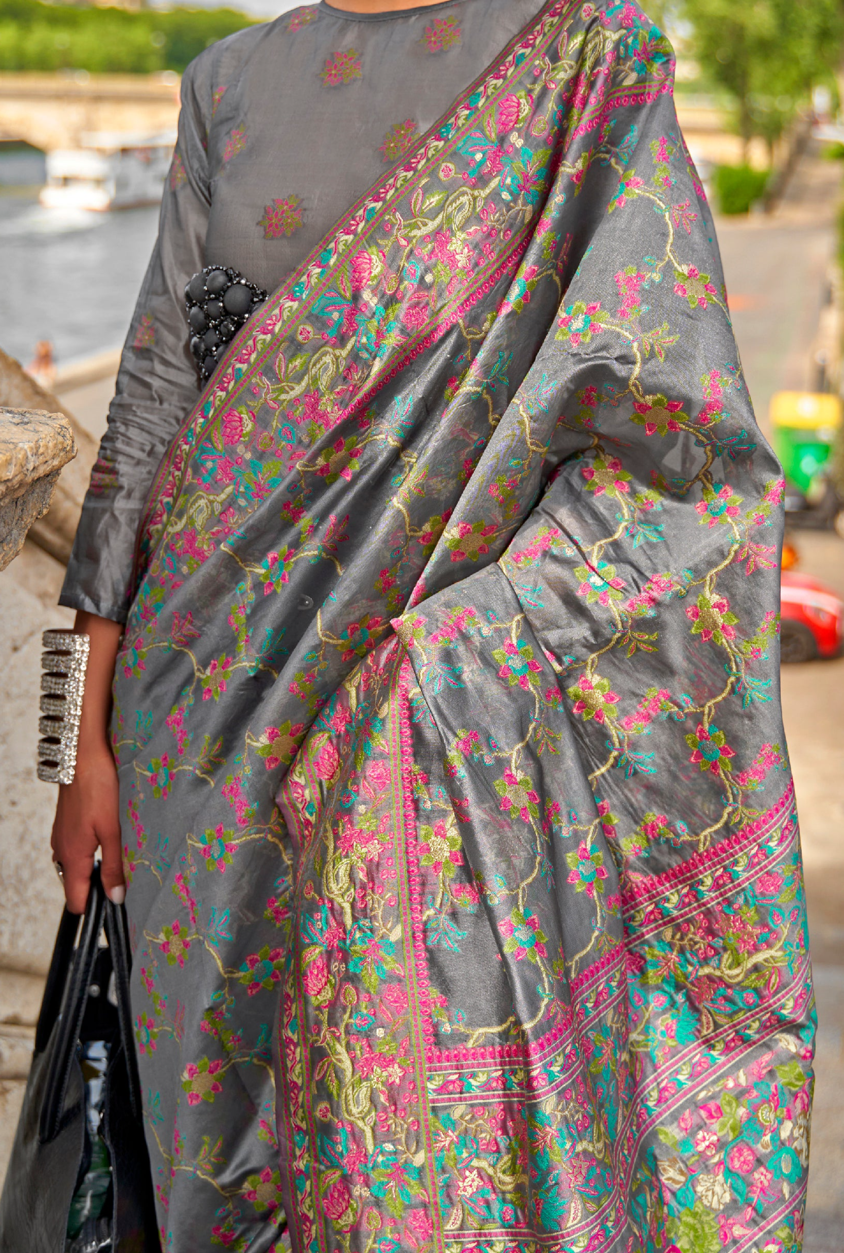 Sophisticated Grey Organza Handloom Parsi Saree