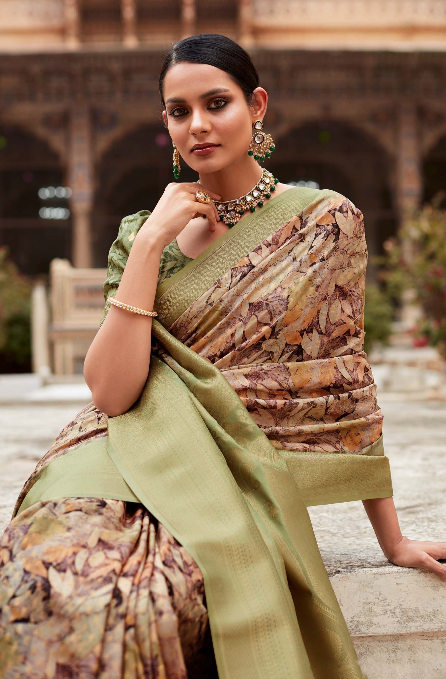 Pine Green Banarasi Digital Printed Silk Saree