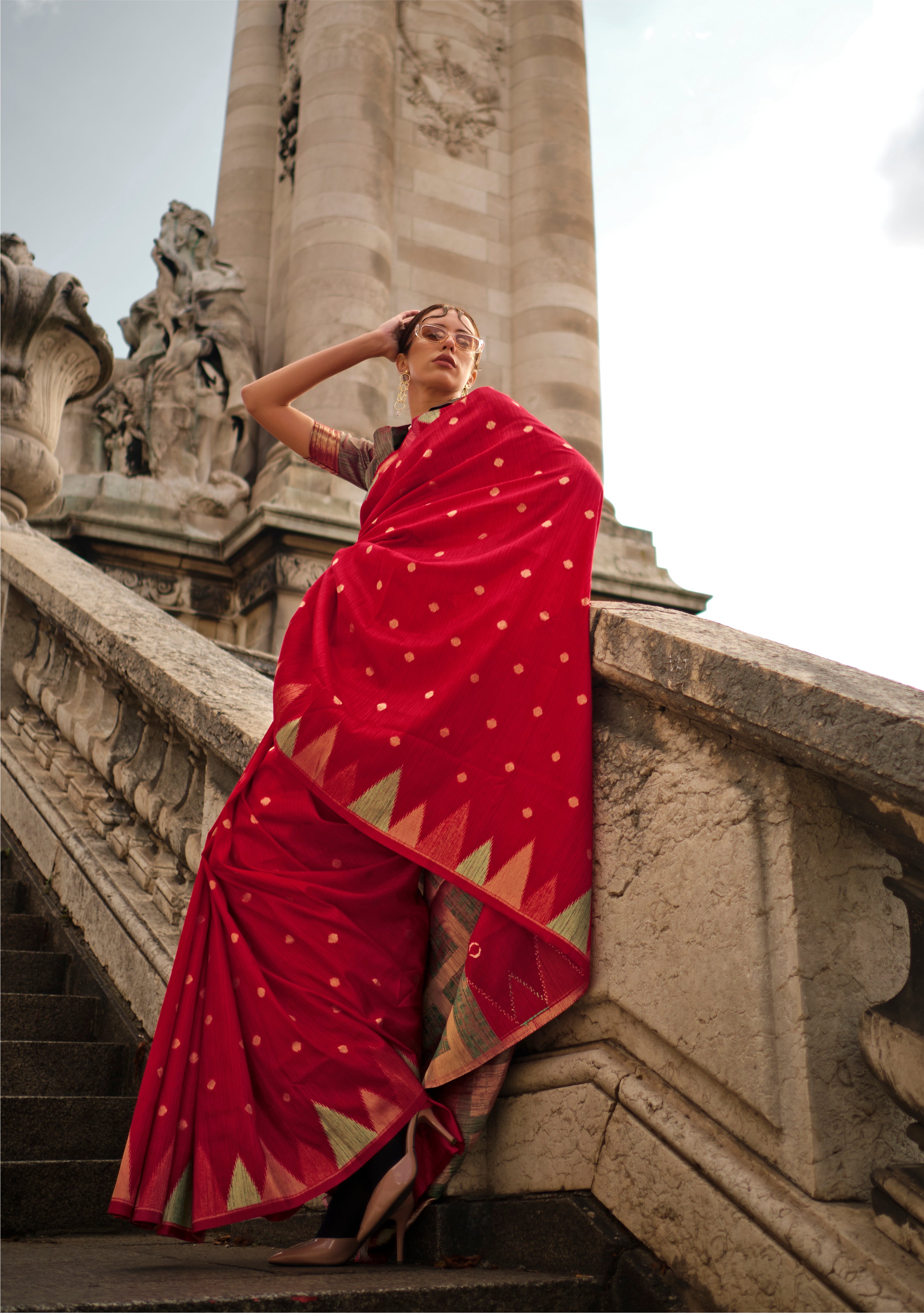 Vibrant Red Woven Khadi Temple Border Saree