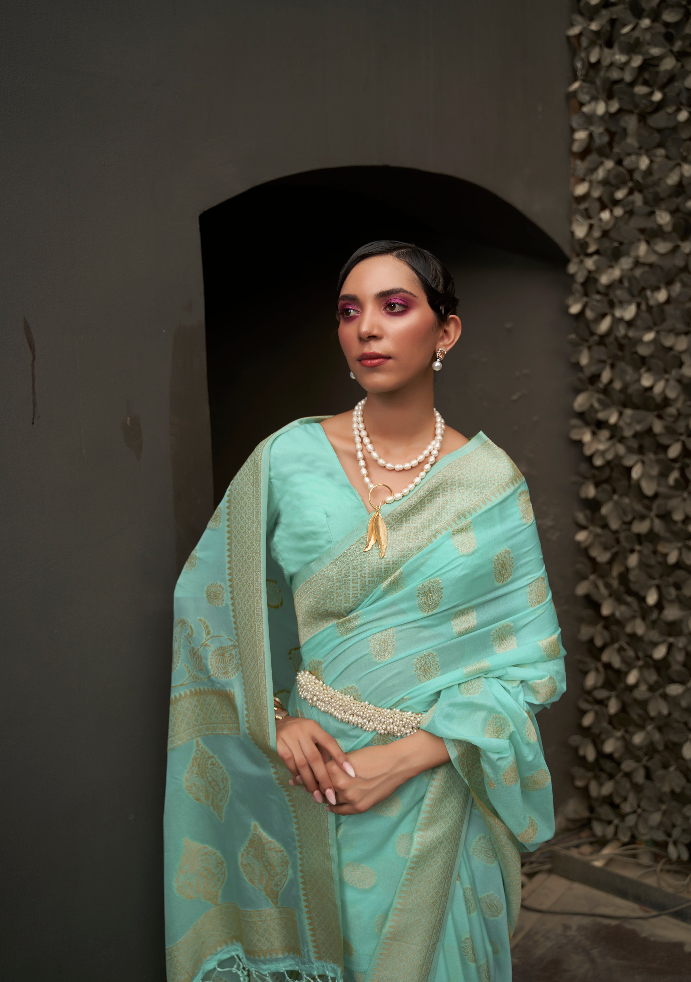 Serene Mint Green Banarasi Chiffon Saree