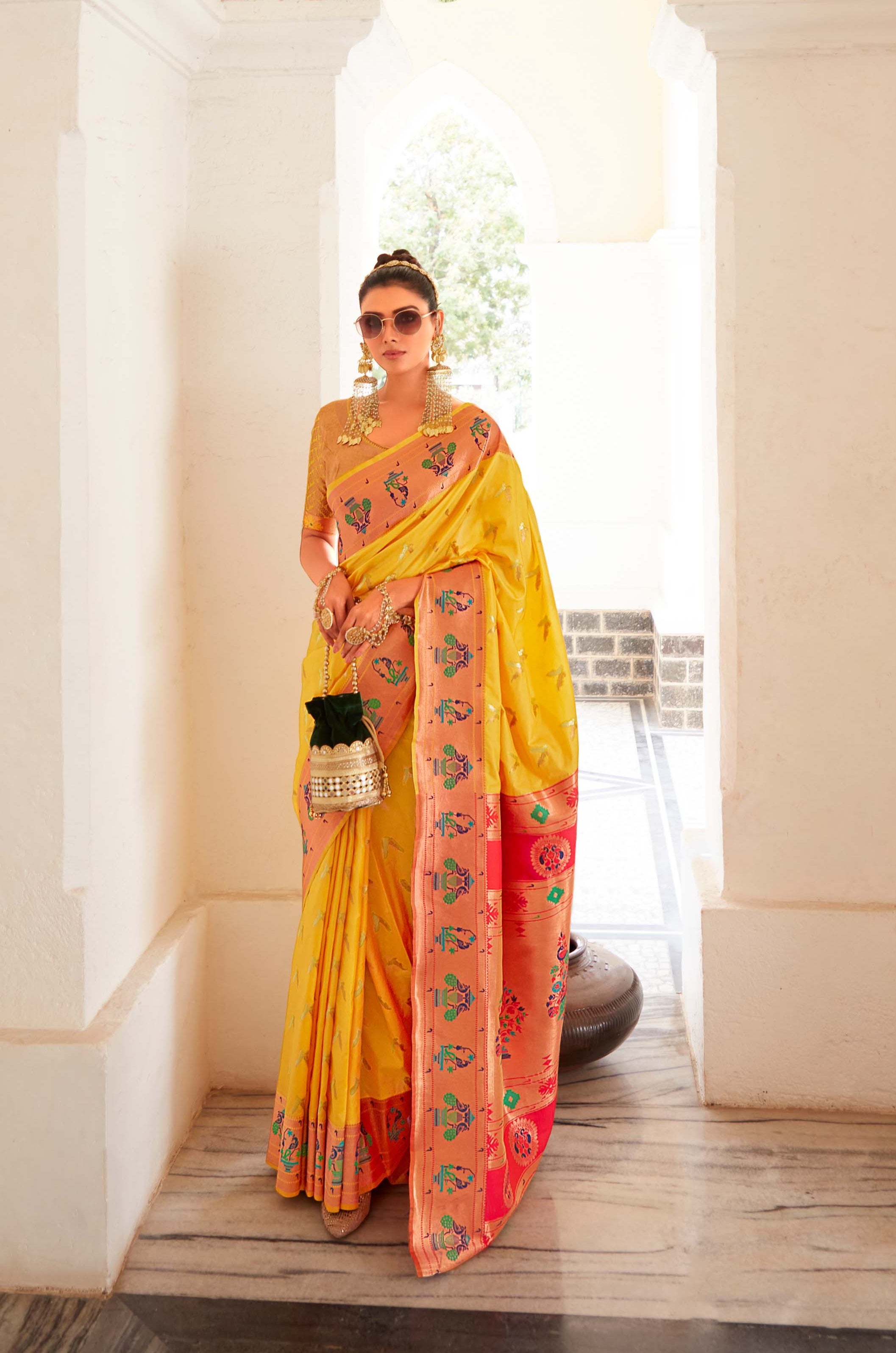 Citrusy Yellow and Pink Zari Woven Paithani Silk Saree