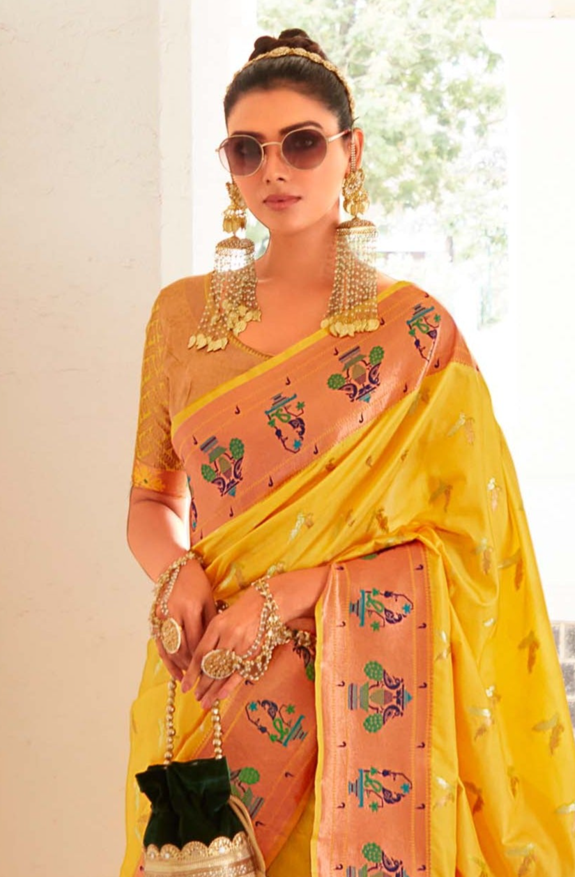 Citrusy Yellow and Pink Zari Woven Paithani Silk Saree