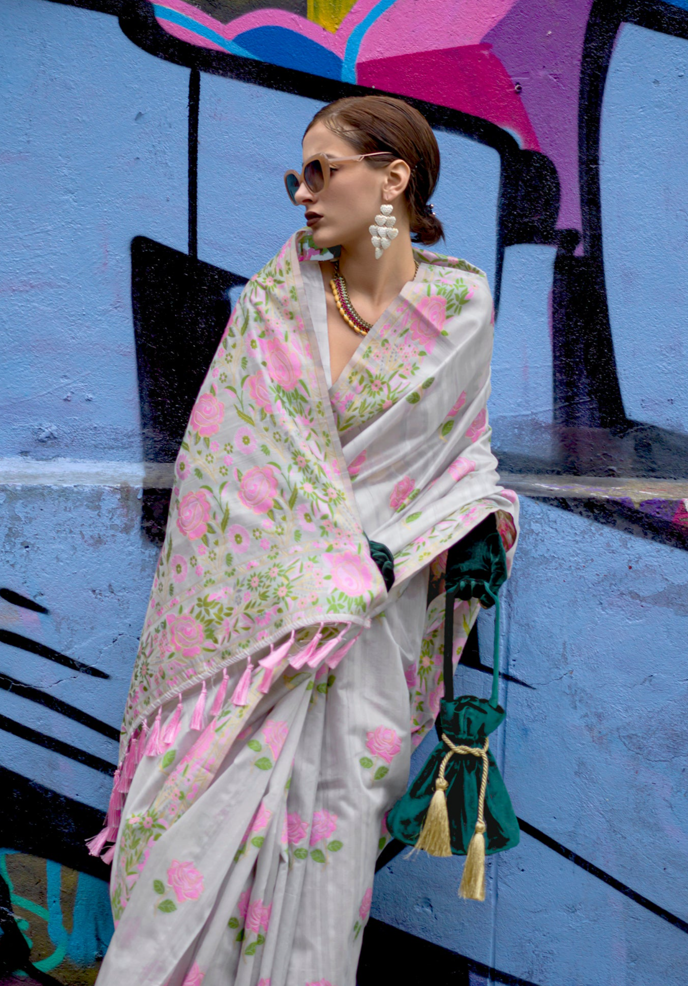 Light Grey and Floral Pink Handloom Parsi Silk Saree