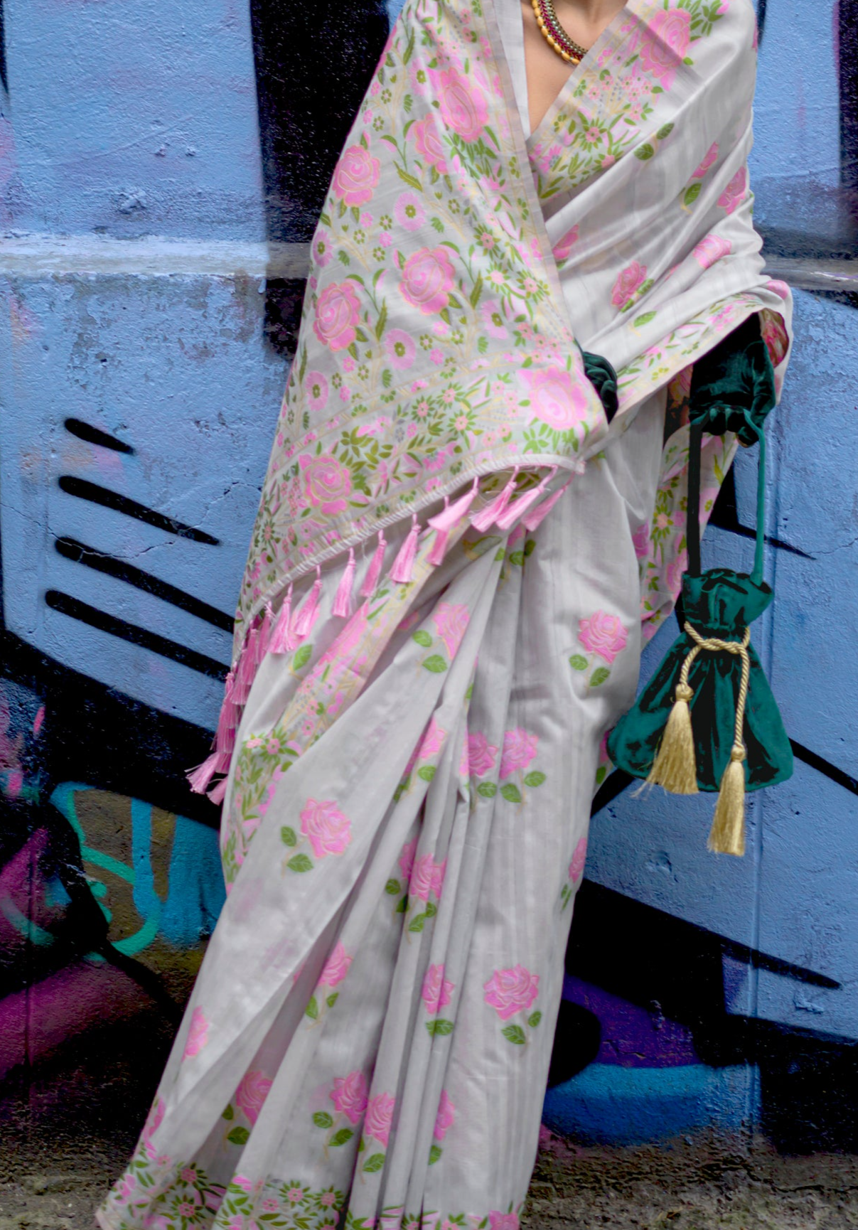 Light Grey and Floral Pink Handloom Parsi Silk Saree