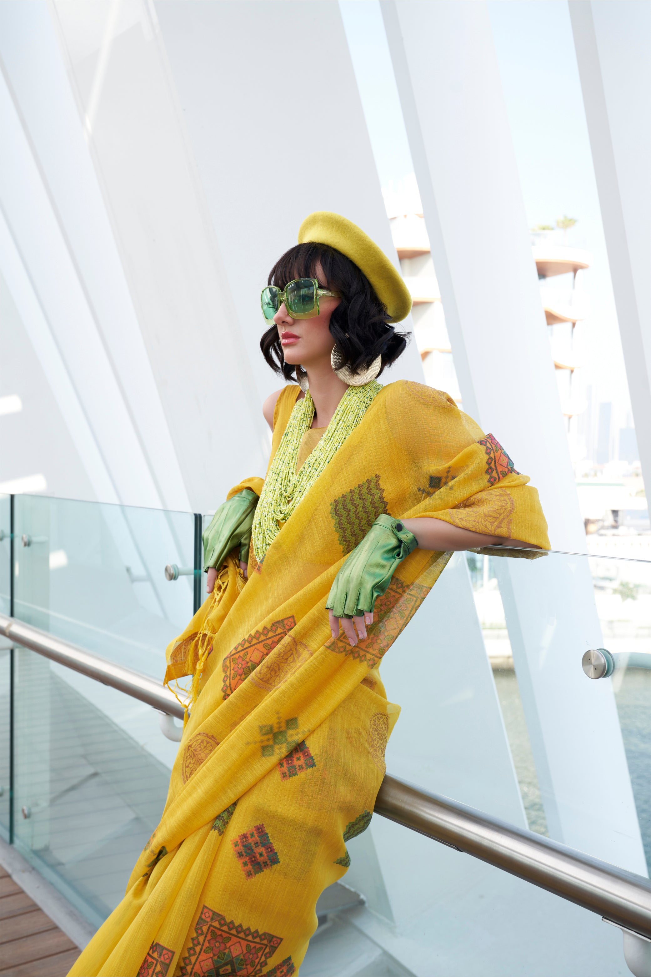 Sunshine Yellow Printed Handloom Zari Tissue Saree