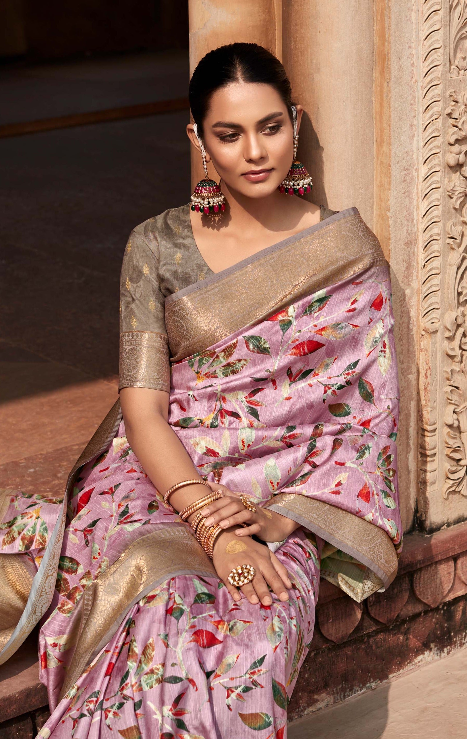 Pristine Pink Bloom Digital Printed Soft Silk Saree