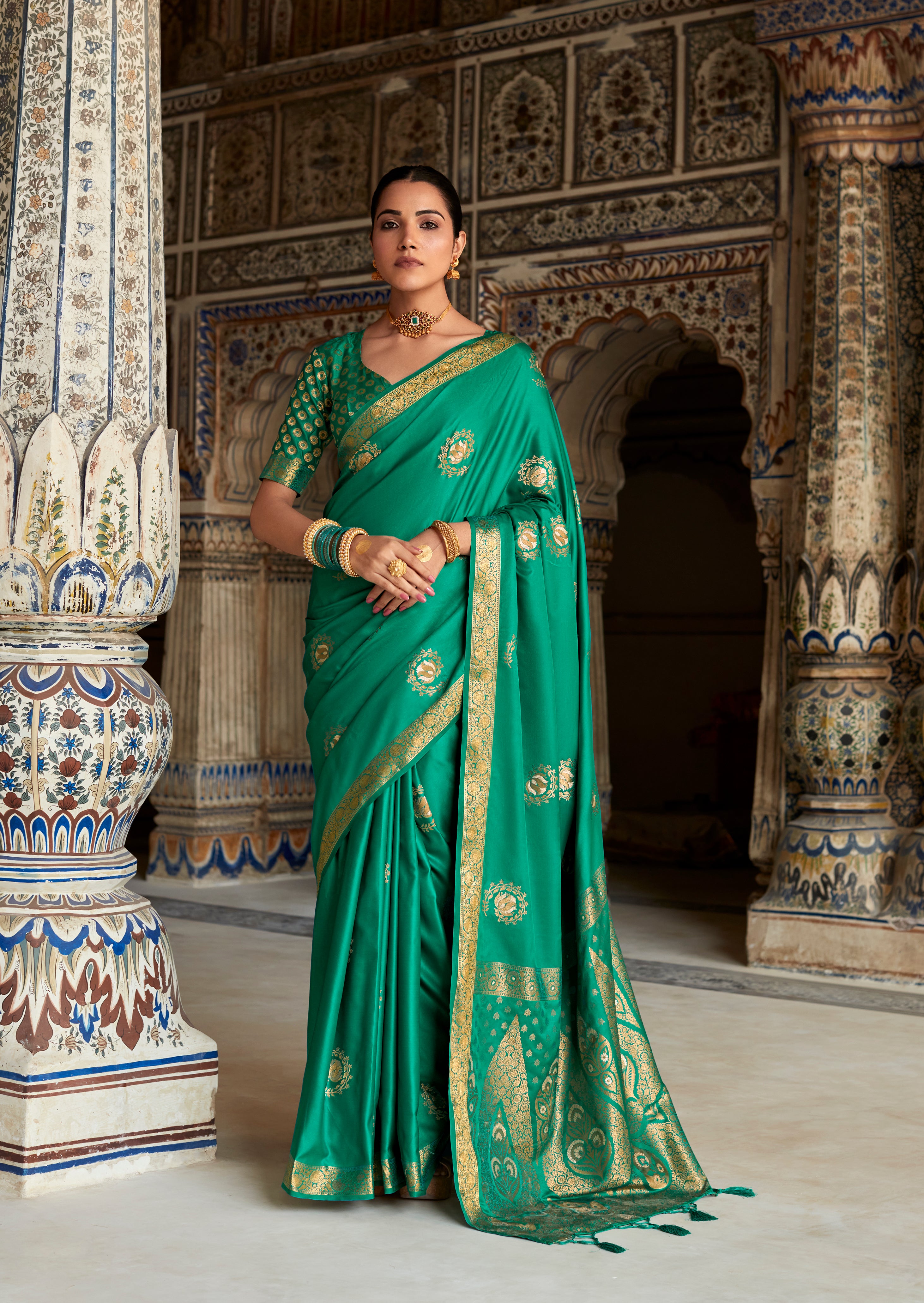 Forest Green Woven Banarasi Satin Silk Saree with Brocade Blouse