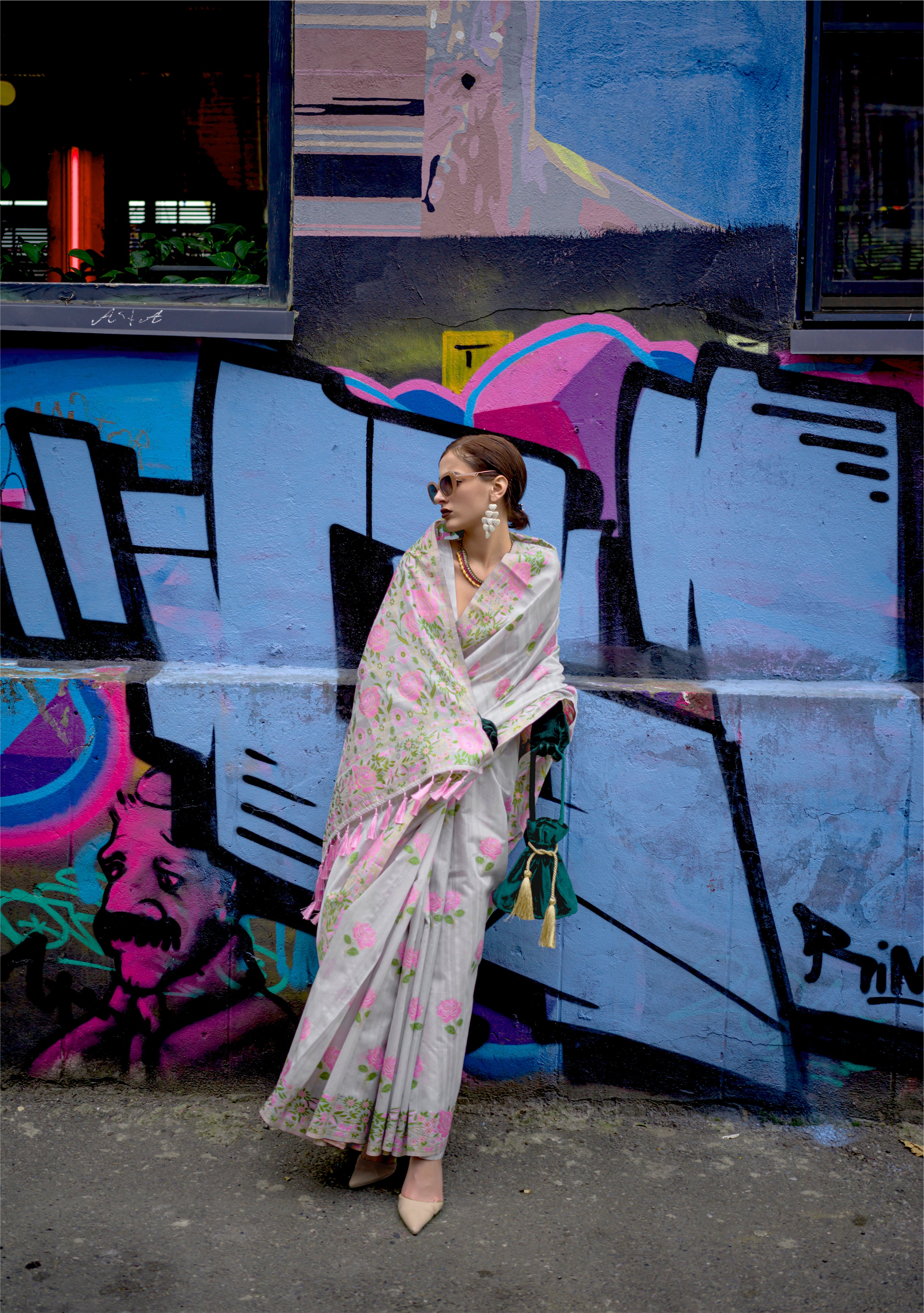 Light Grey and Floral Pink Handloom Parsi Silk Saree