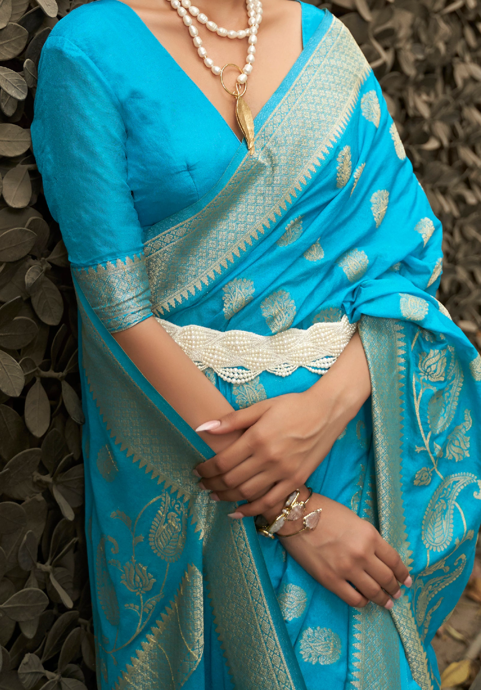 Aqua Blue Woven Banarasi Chiffon Saree