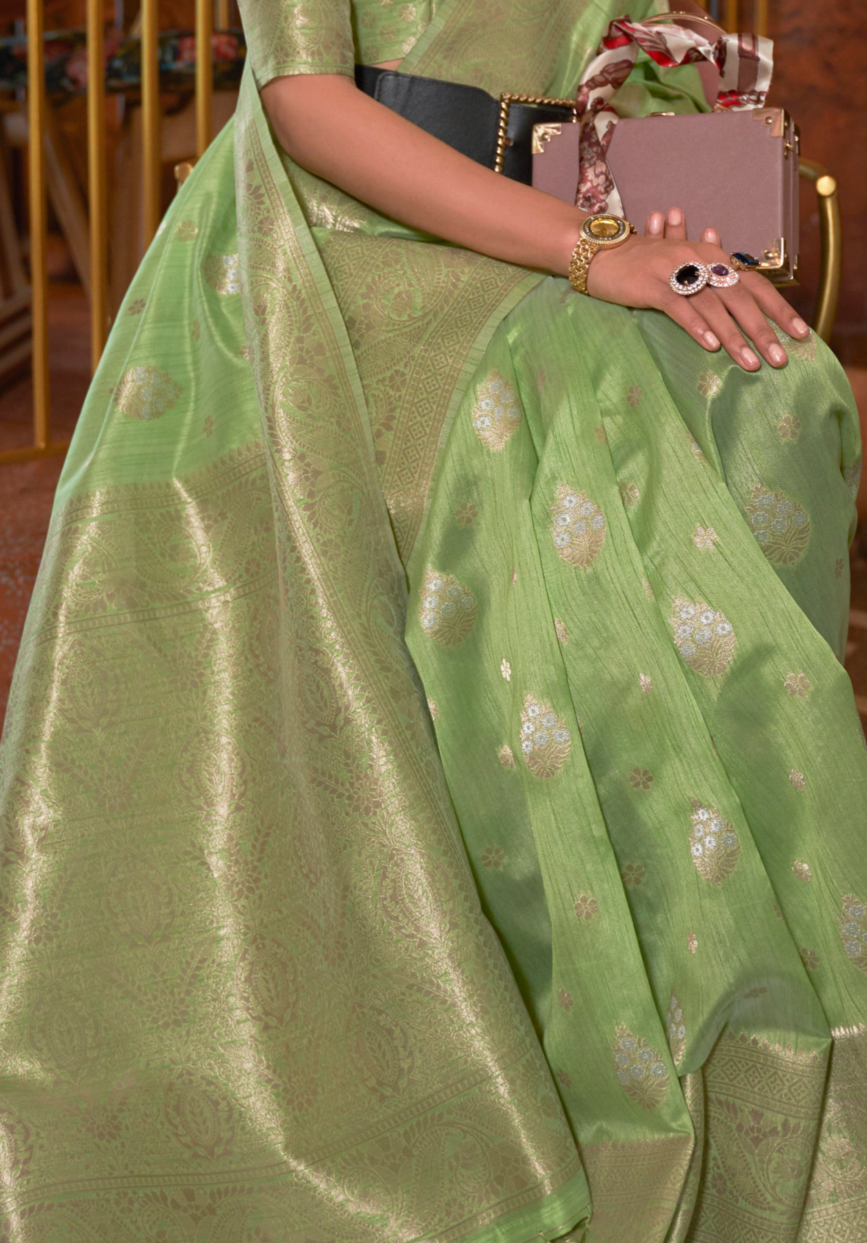 Luminous Light Green Woven Tussar Silk Saree