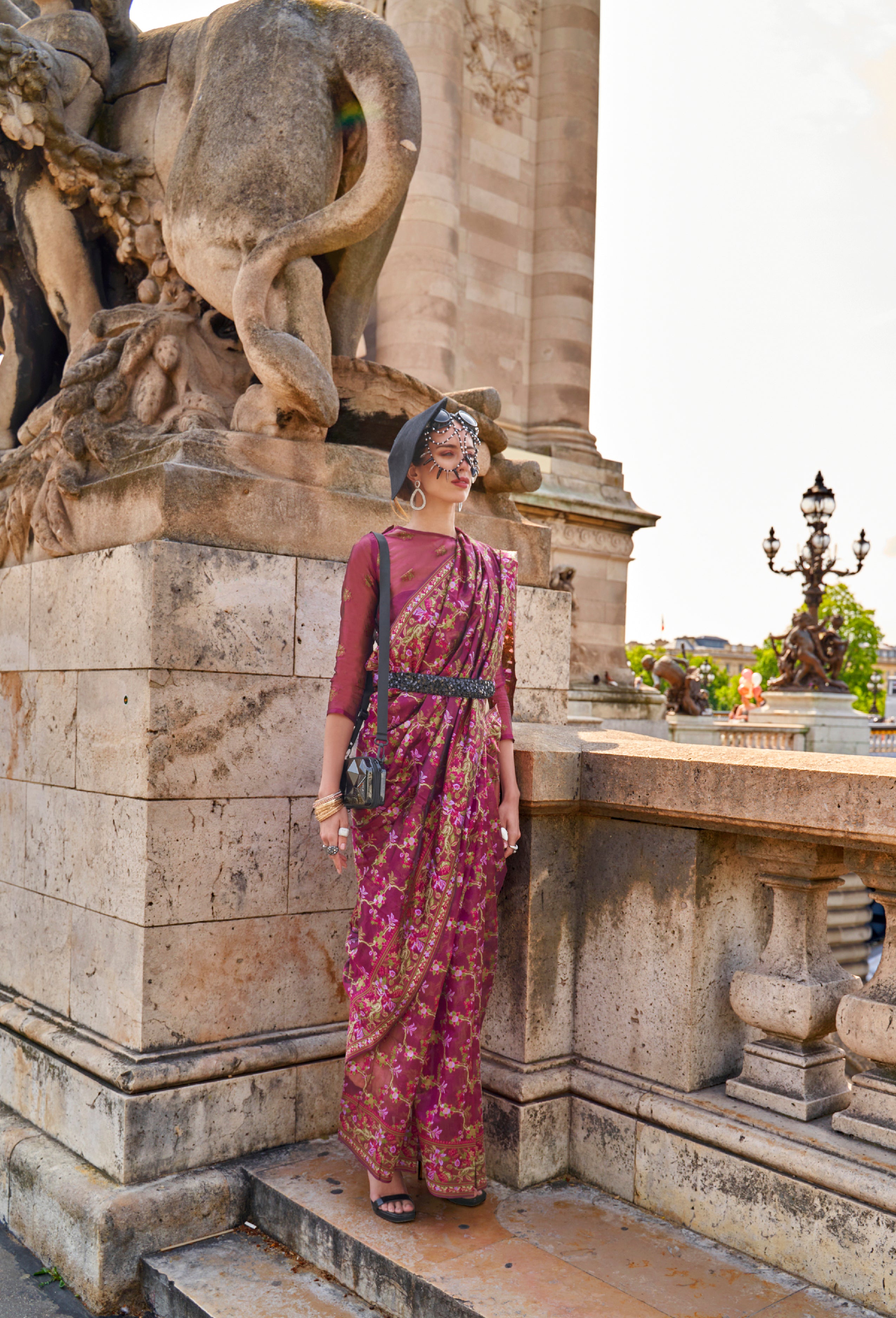 Regal Purple Organza Handloom Parsi Saree