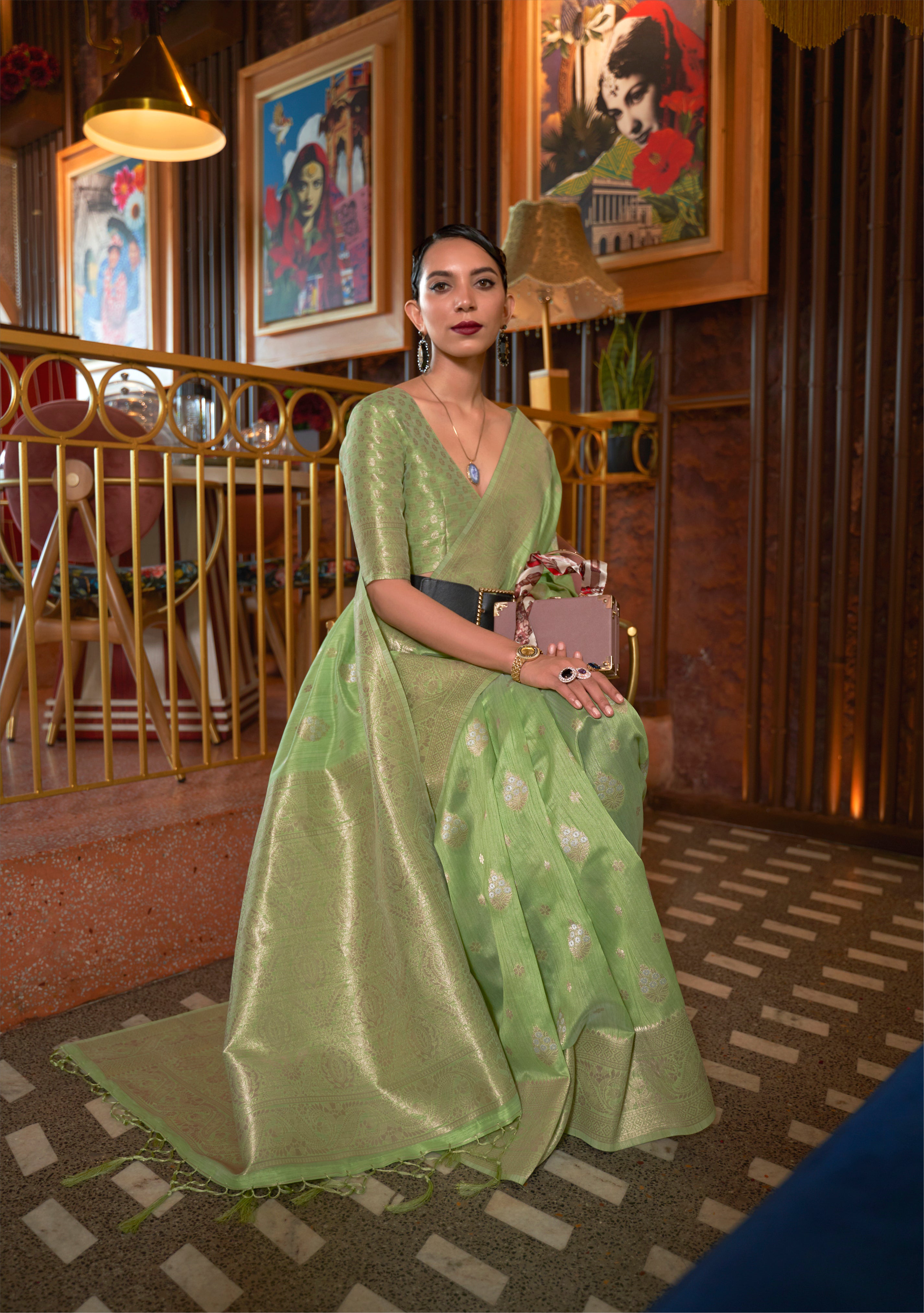 Luminous Light Green Woven Tussar Silk Saree