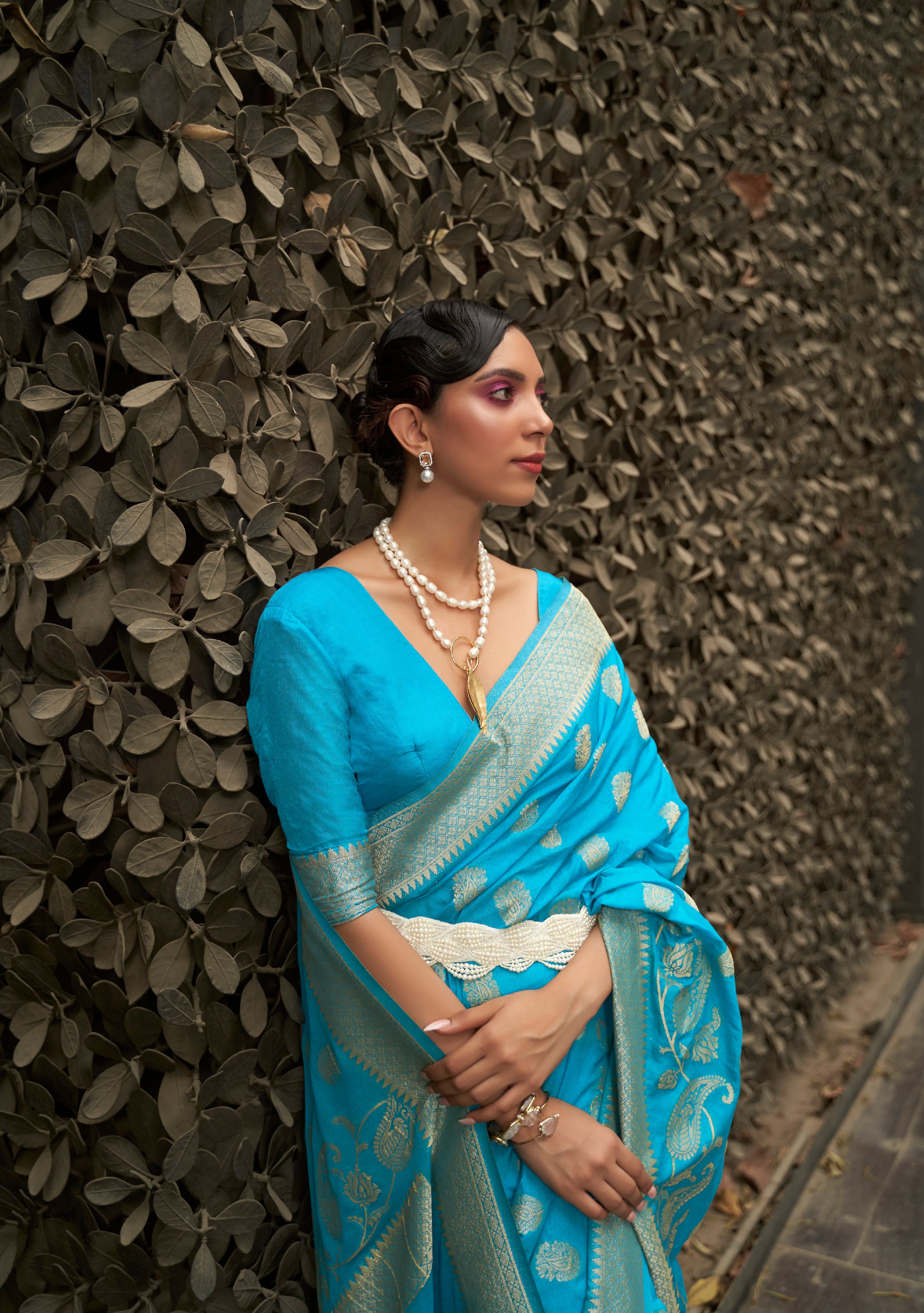 Aqua Blue Woven Banarasi Chiffon Saree