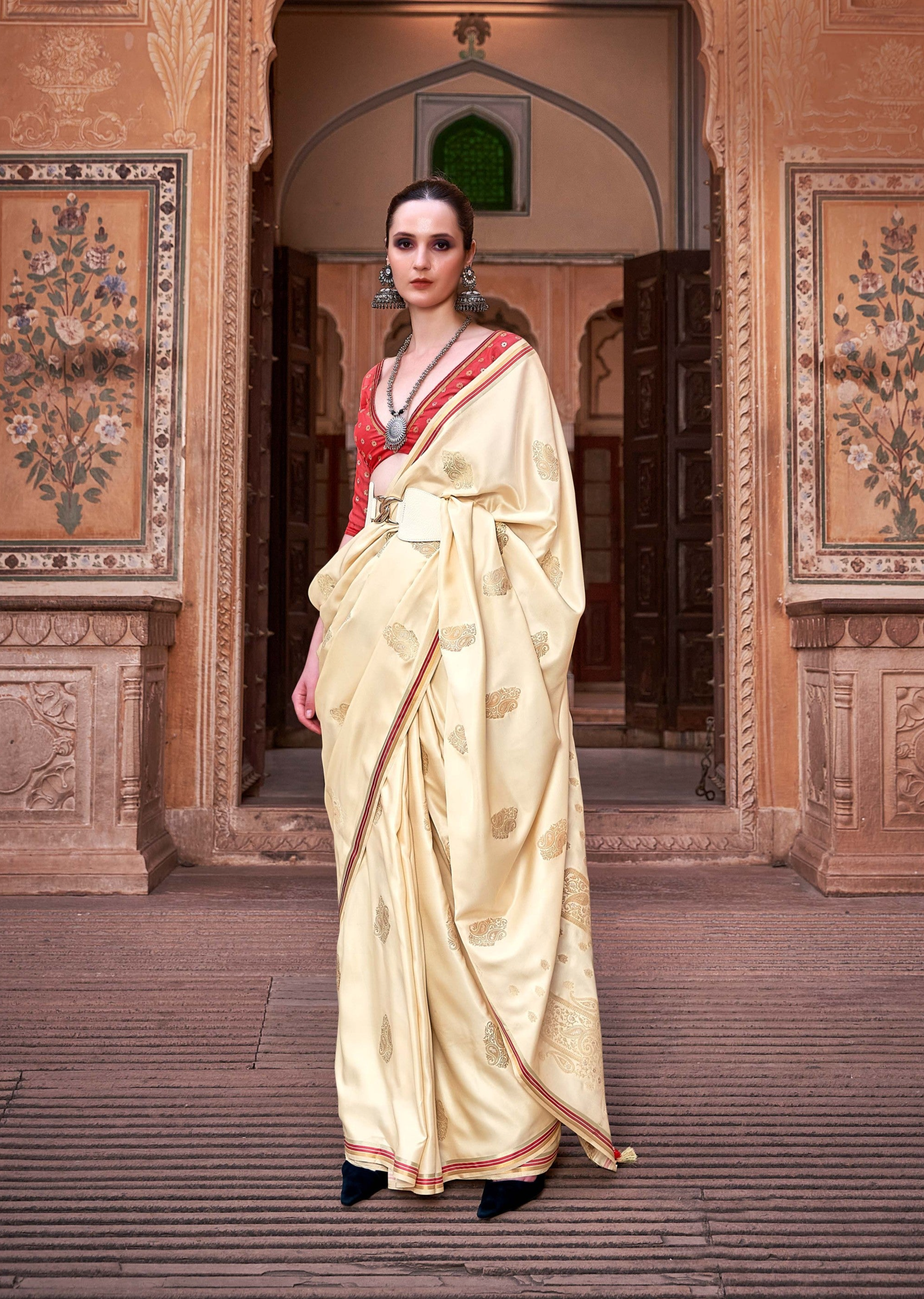 Wheat Yellow Satin Silk Saree