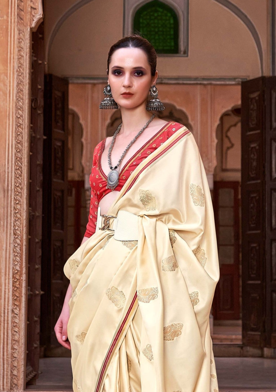 Wheat Yellow Satin Silk Saree