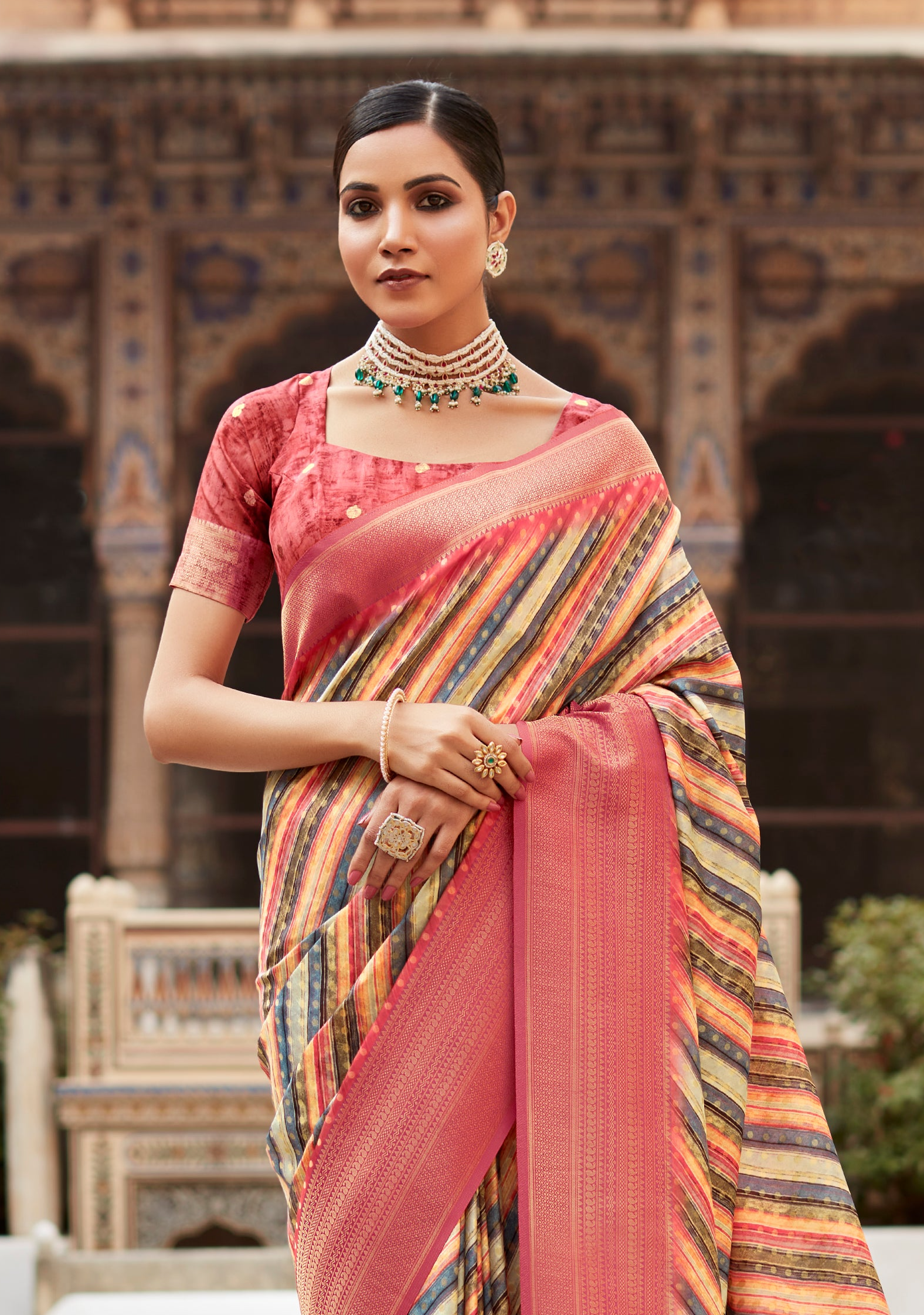 Exquisite Multicolor Pink Banarasi Digital Printed Silk Saree