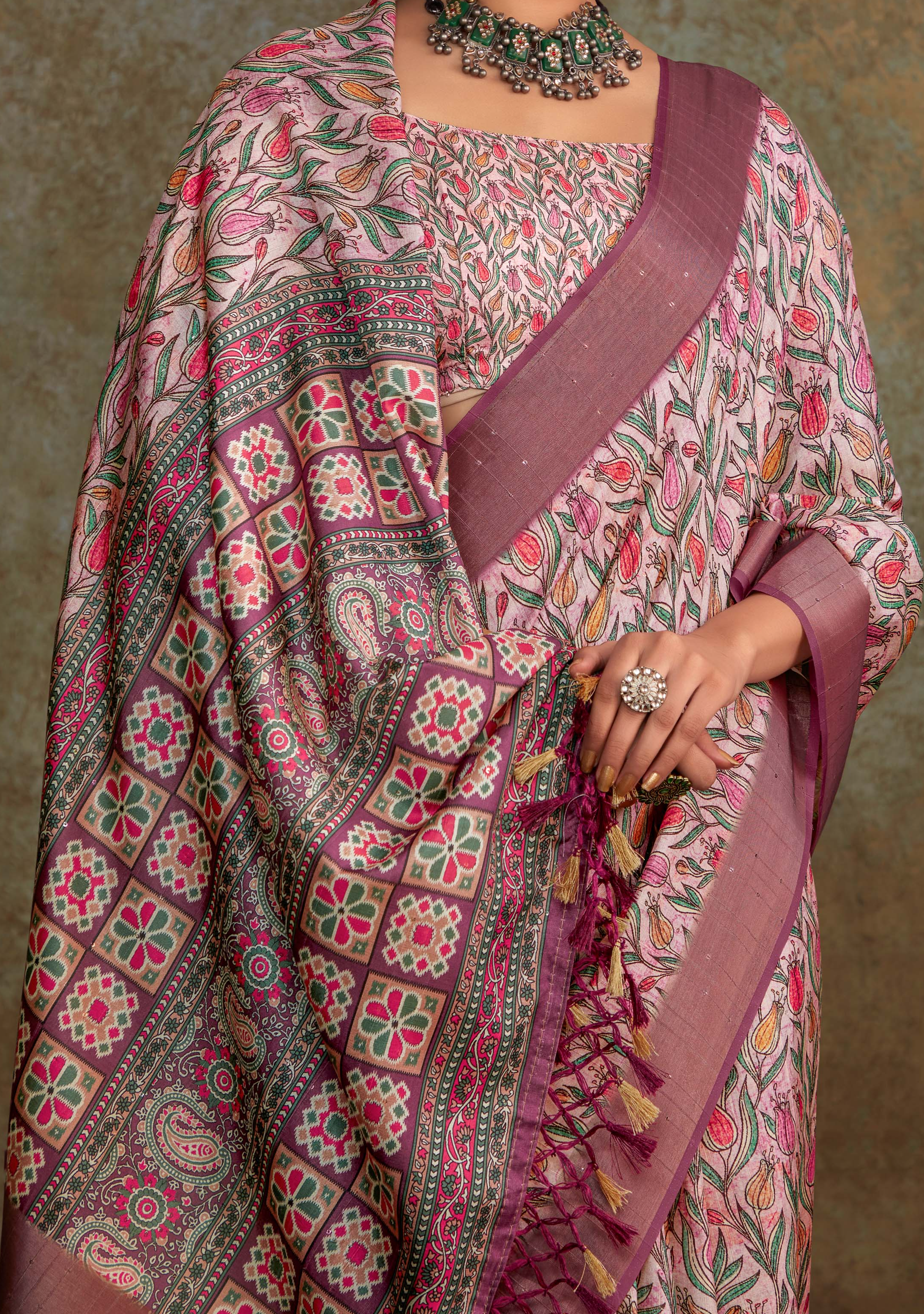 Elegant Pink Banarasi Digital Printed Saree