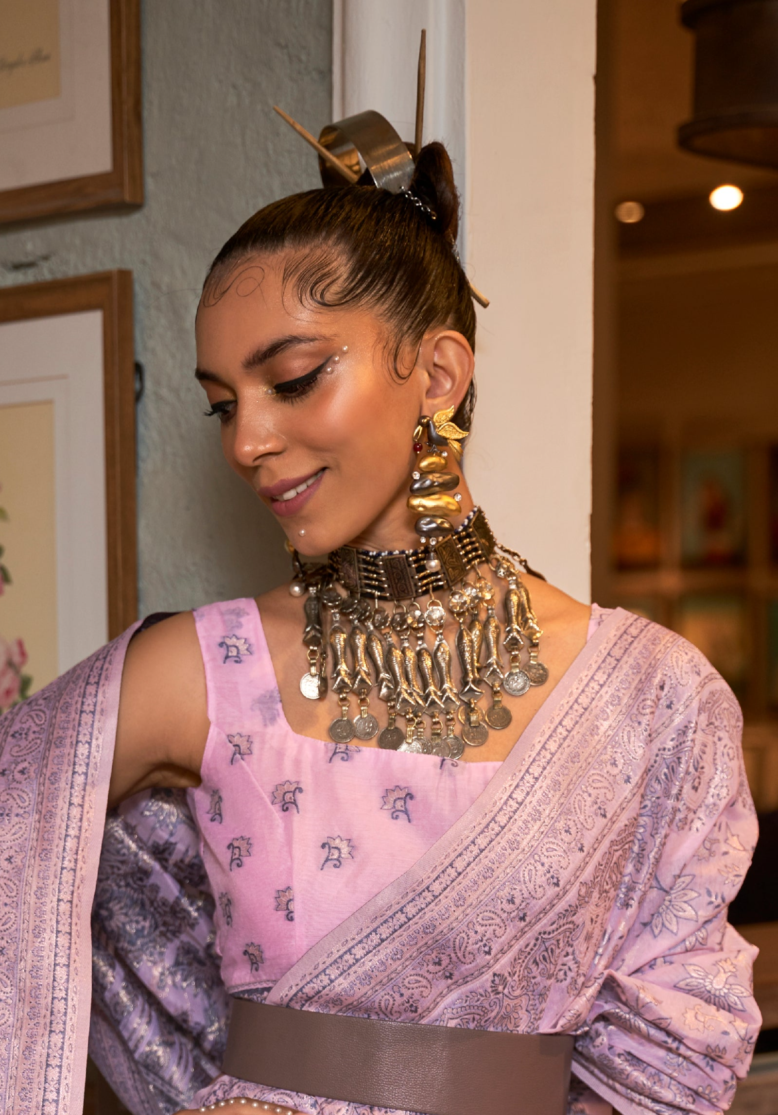 Rose Pink Woven Tussar Silk Saree