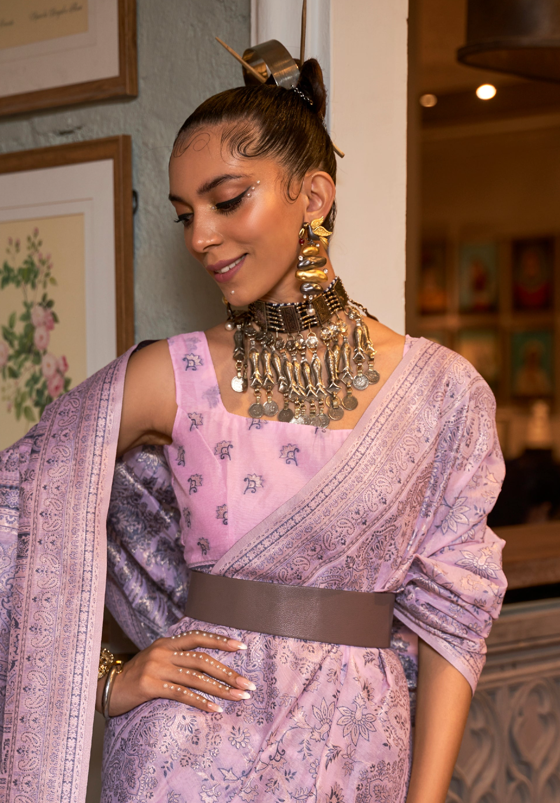 Rose Pink Woven Tussar Silk Saree