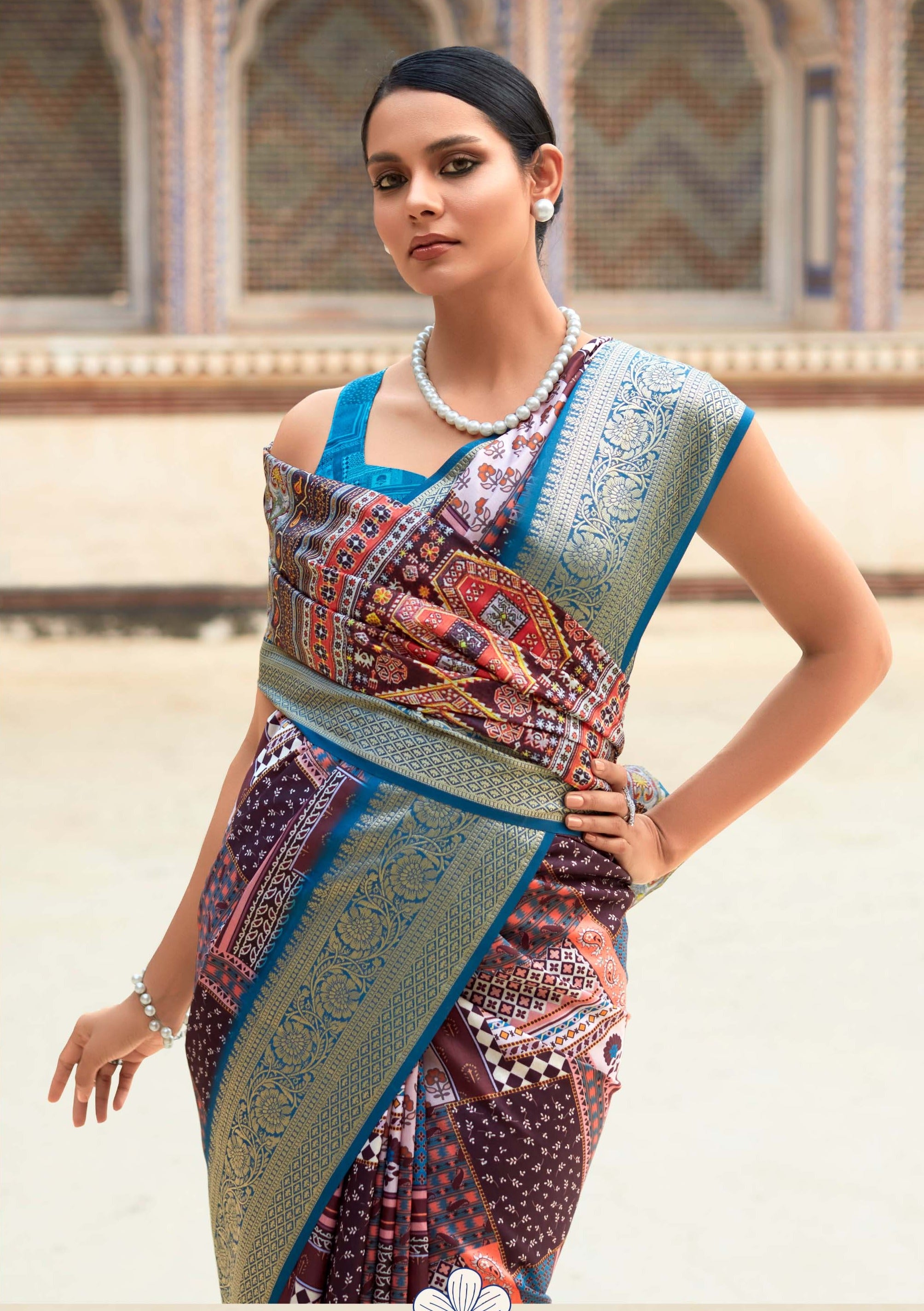 Cerulean Blue and Rosy Pink Banarasi Printed Silk Saree