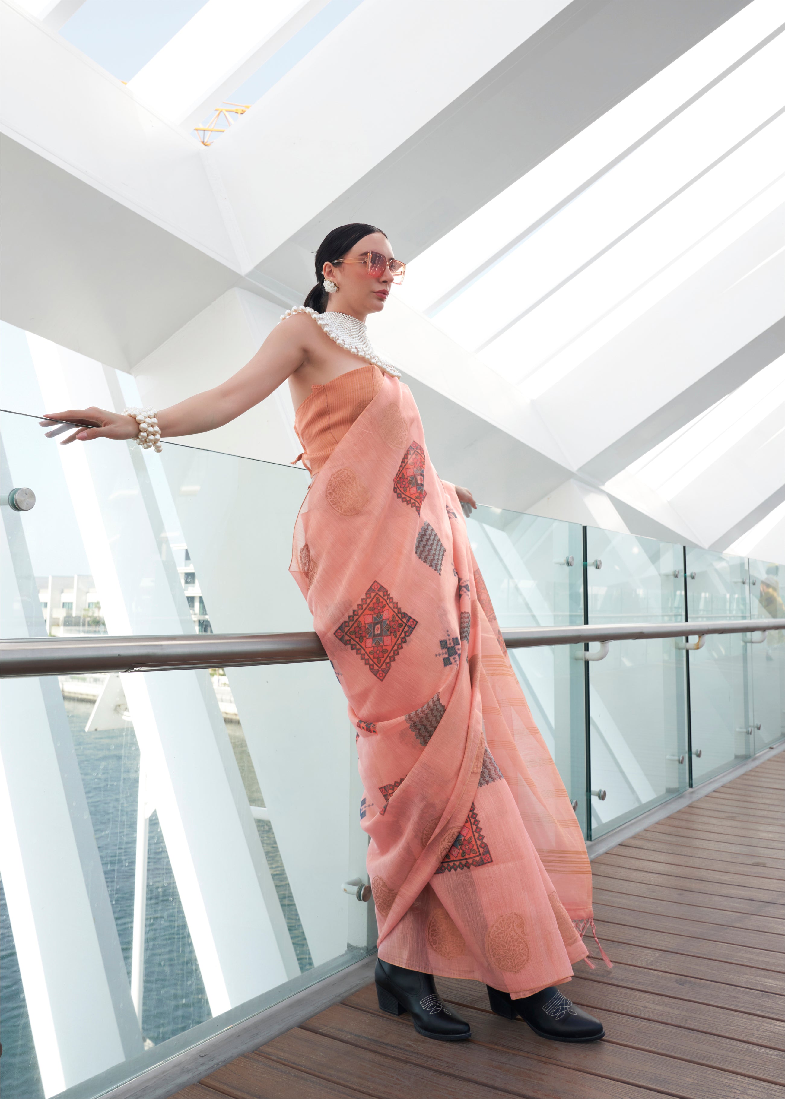 Light Orange Printed Handloom Zari Tissue Saree