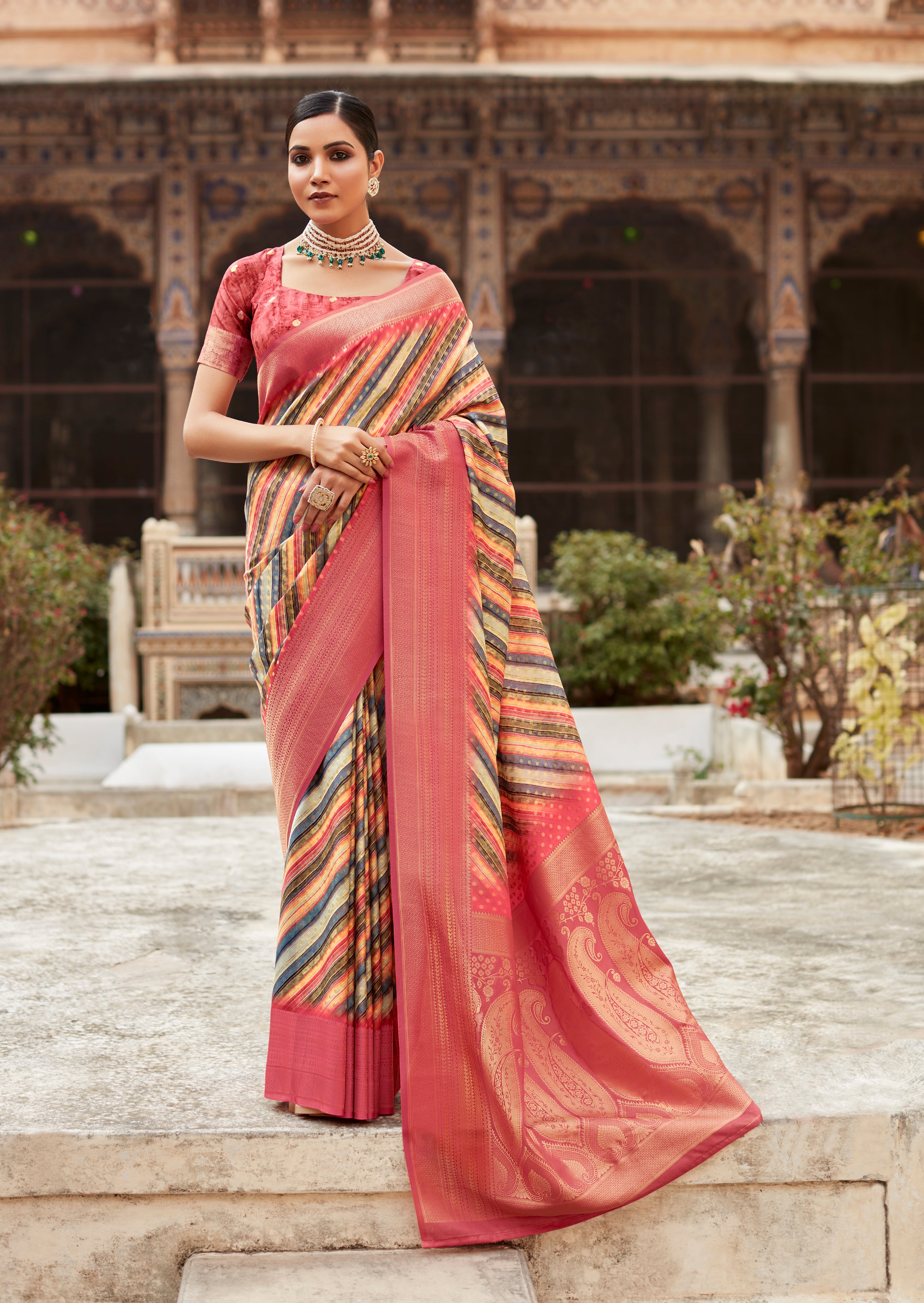 Exquisite Multicolor Pink Banarasi Digital Printed Silk Saree