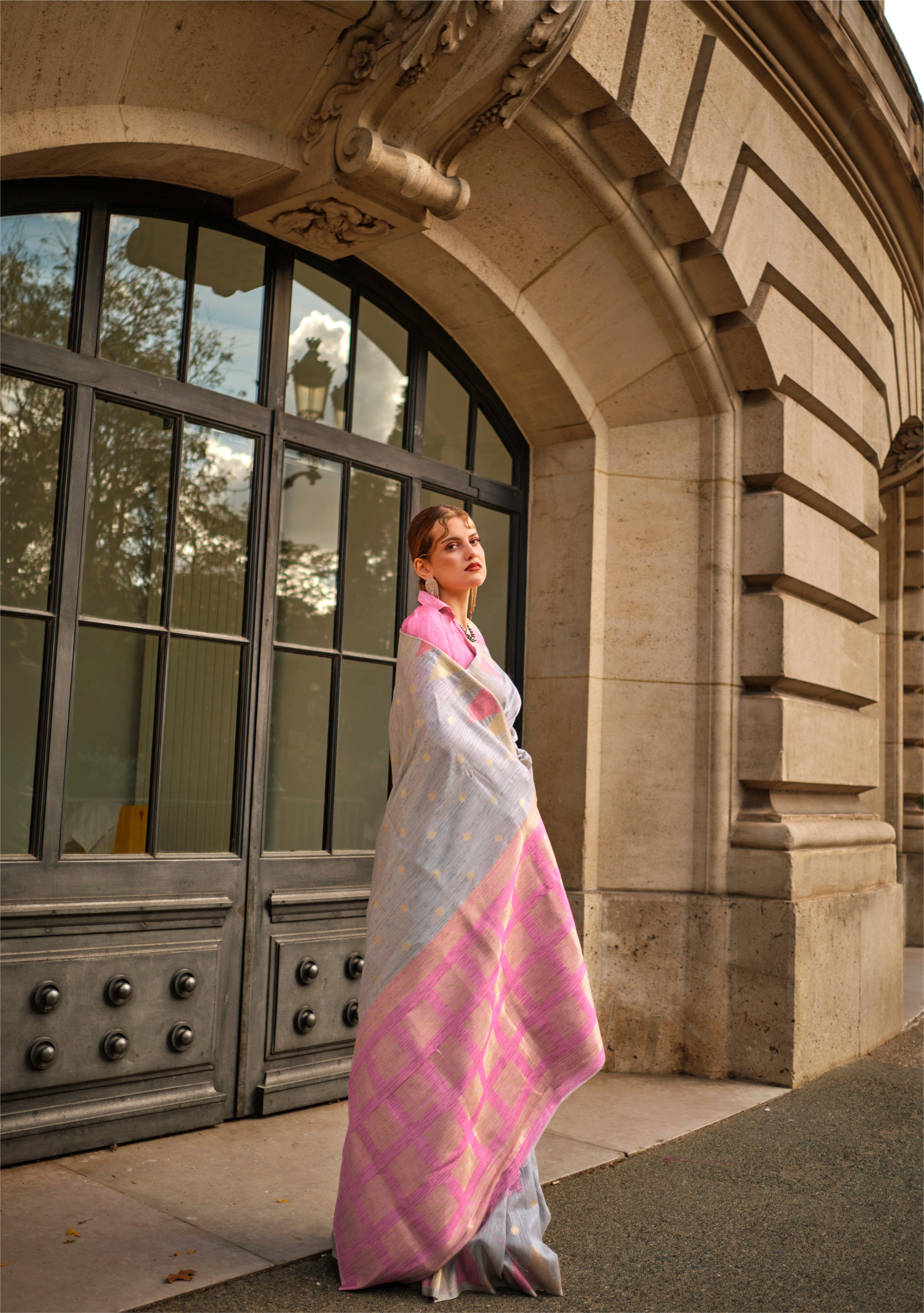 Charming Light Pink Woven Khadi Temple Border Saree