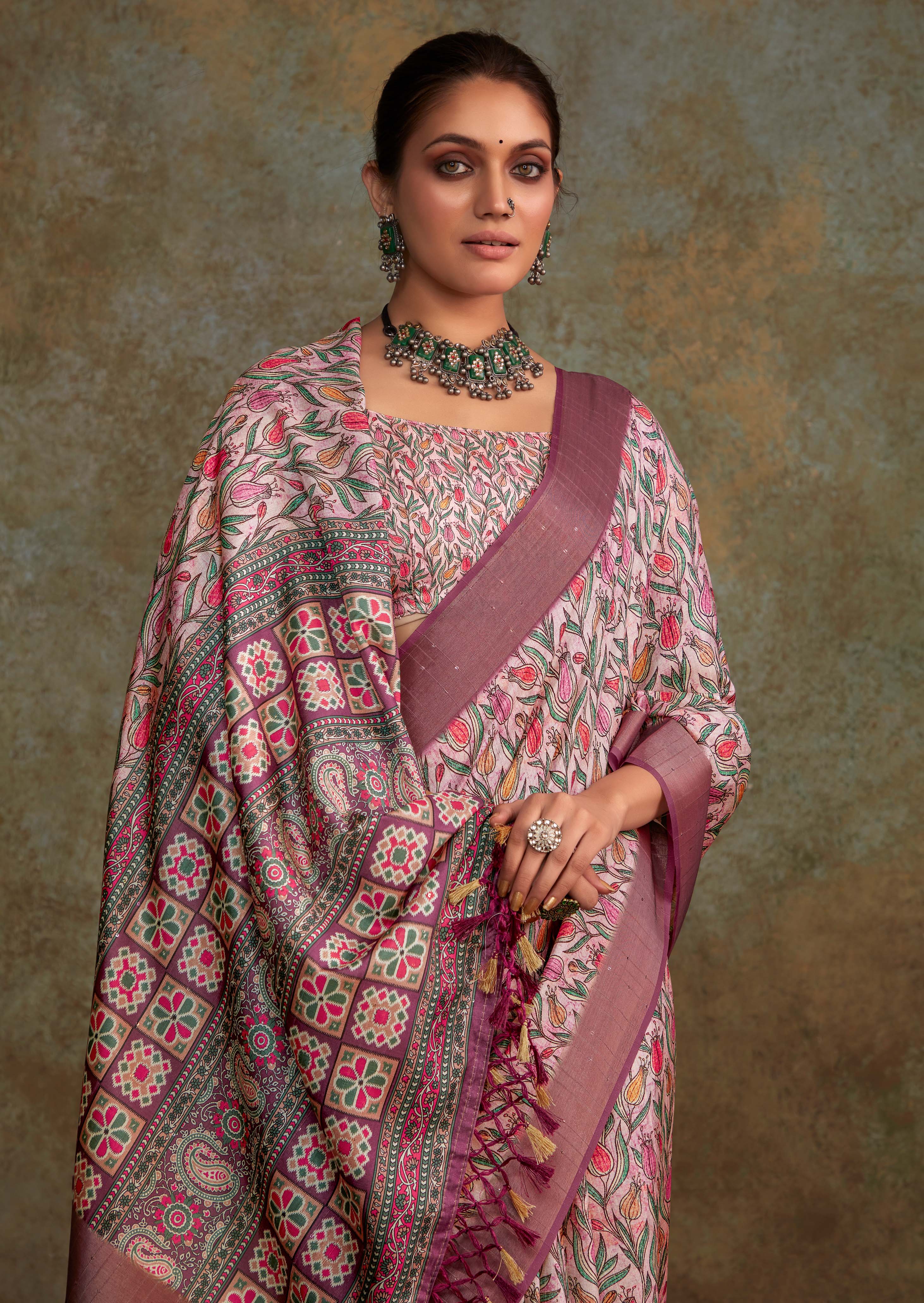 Elegant Pink Banarasi Digital Printed Saree