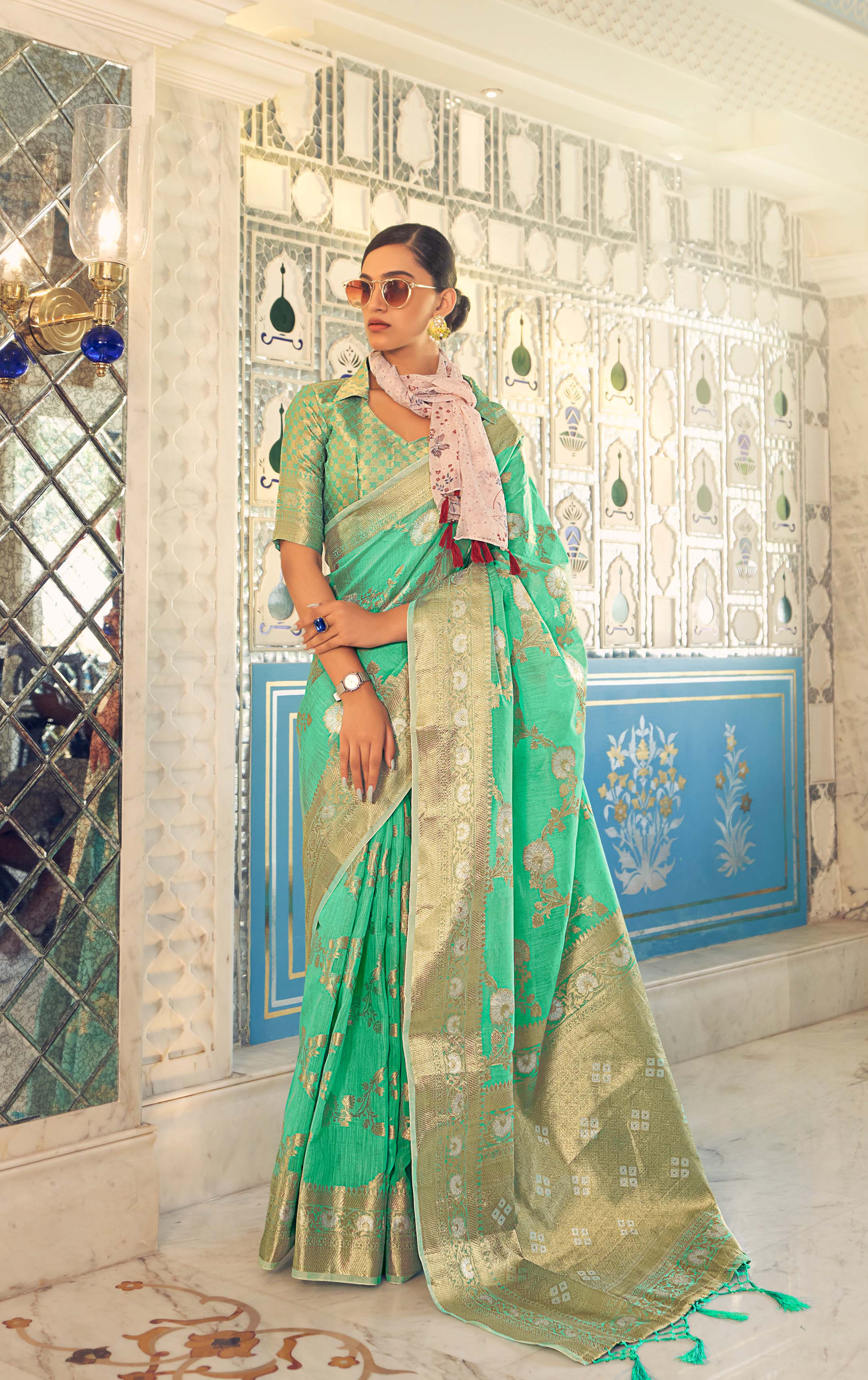 Pistachio Green Bliss Linen Silk Saree