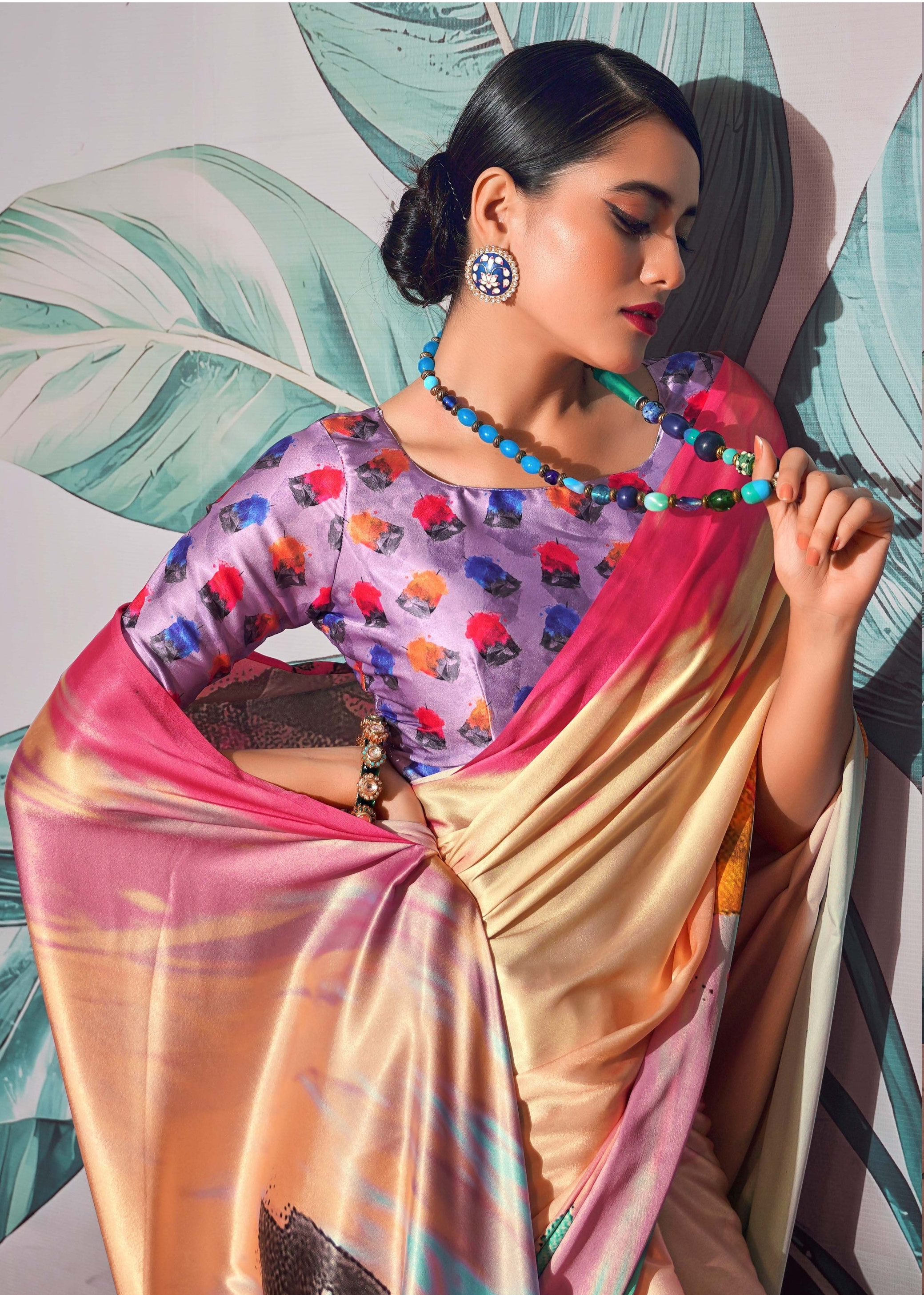 Glimmering Golden Multicolour Printed Satin Silk Saree