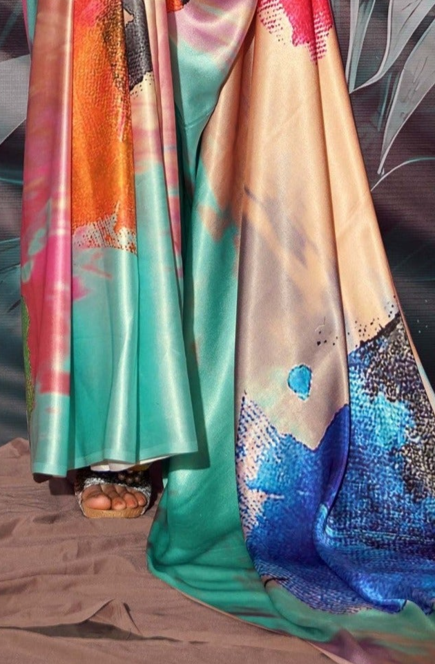 Glimmering Golden Multicolour Printed Satin Silk Saree