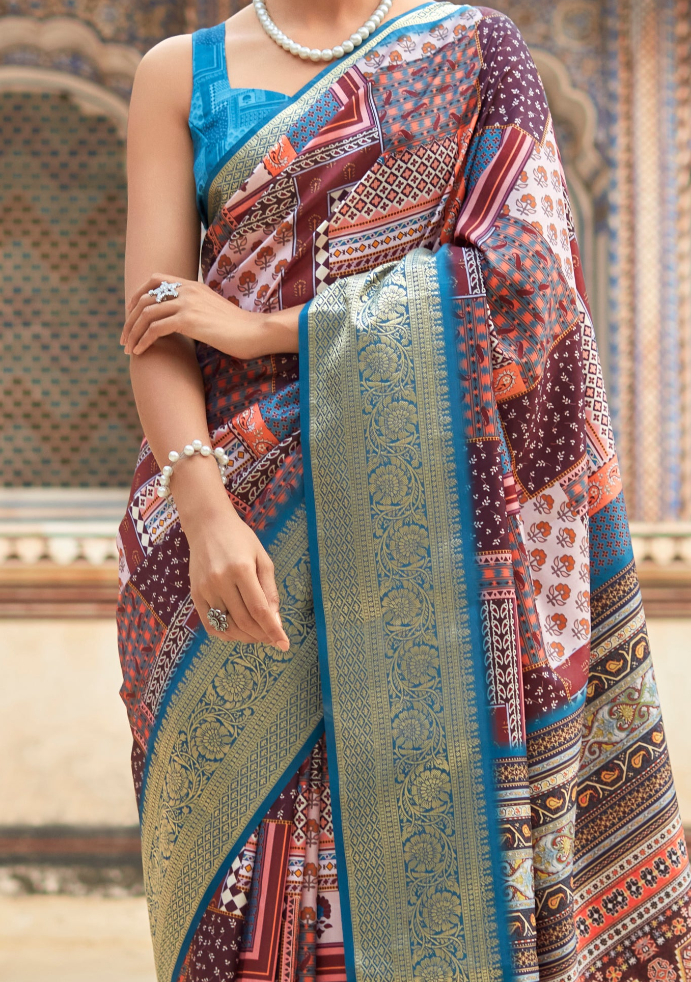 Cerulean Blue and Rosy Pink Banarasi Printed Silk Saree