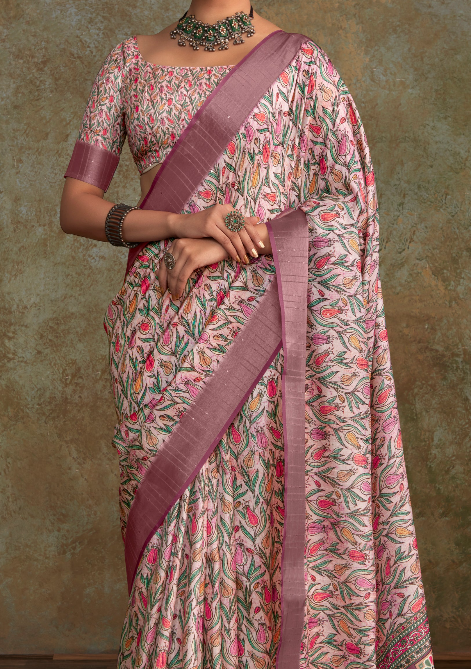 Elegant Pink Banarasi Digital Printed Saree