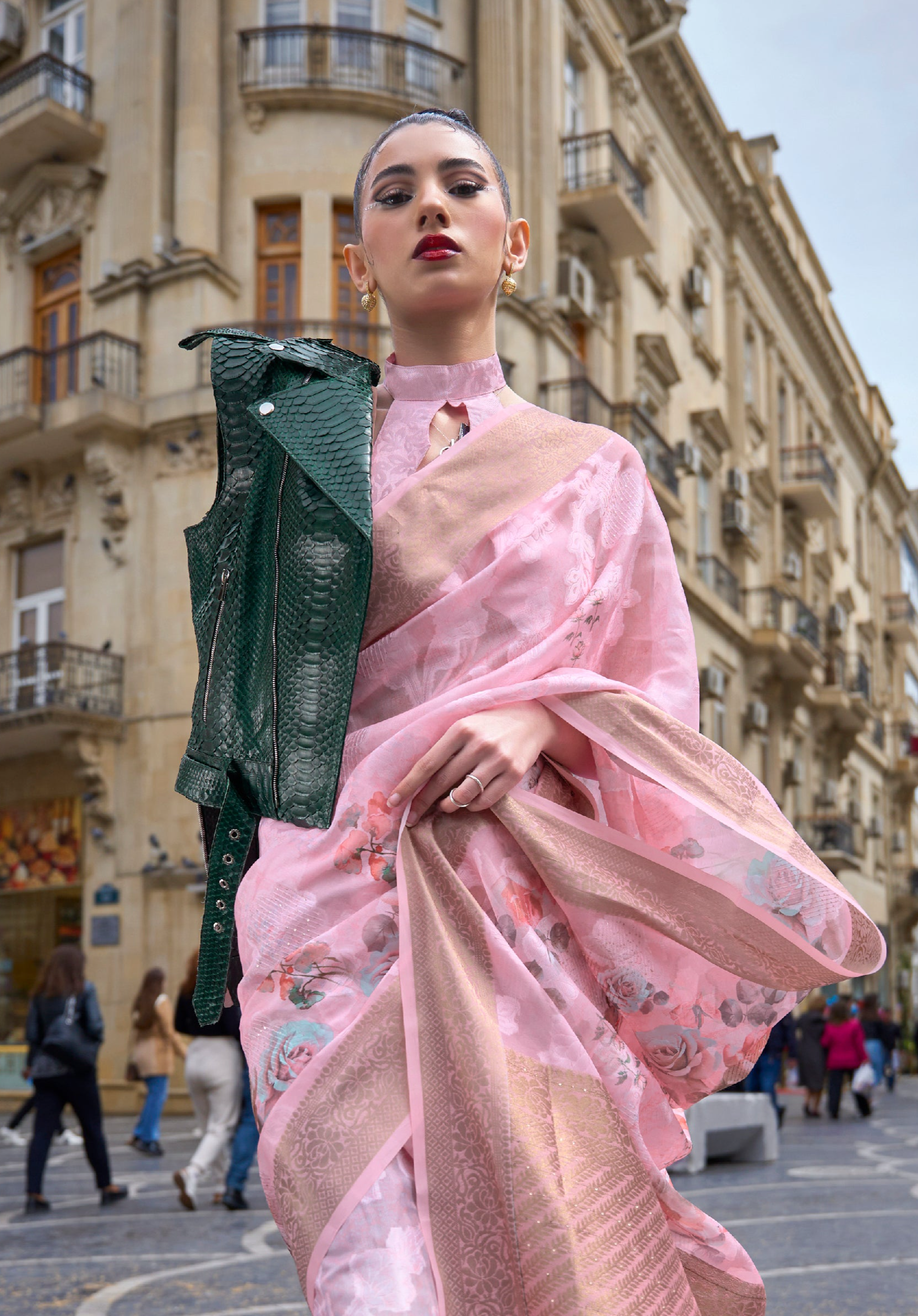 Blush Bloom Pink Handloom Poly Brasso Saree