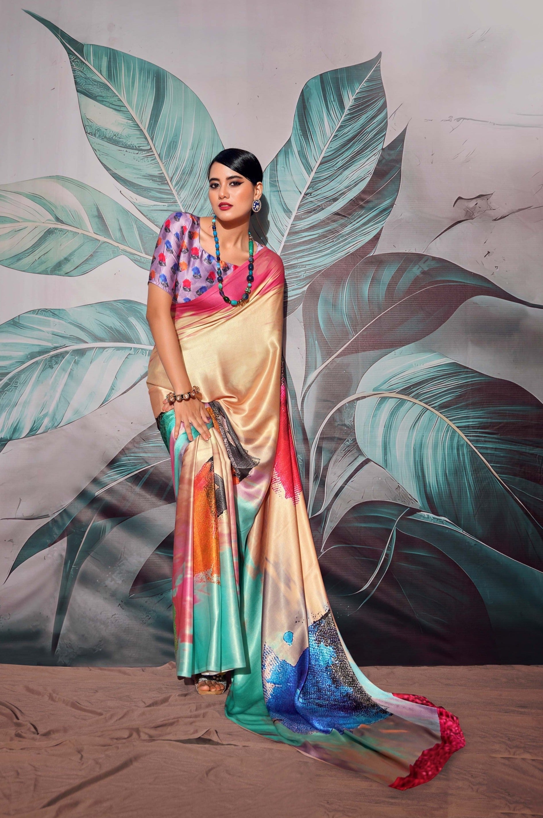 Glimmering Golden Multicolour Printed Satin Silk Saree