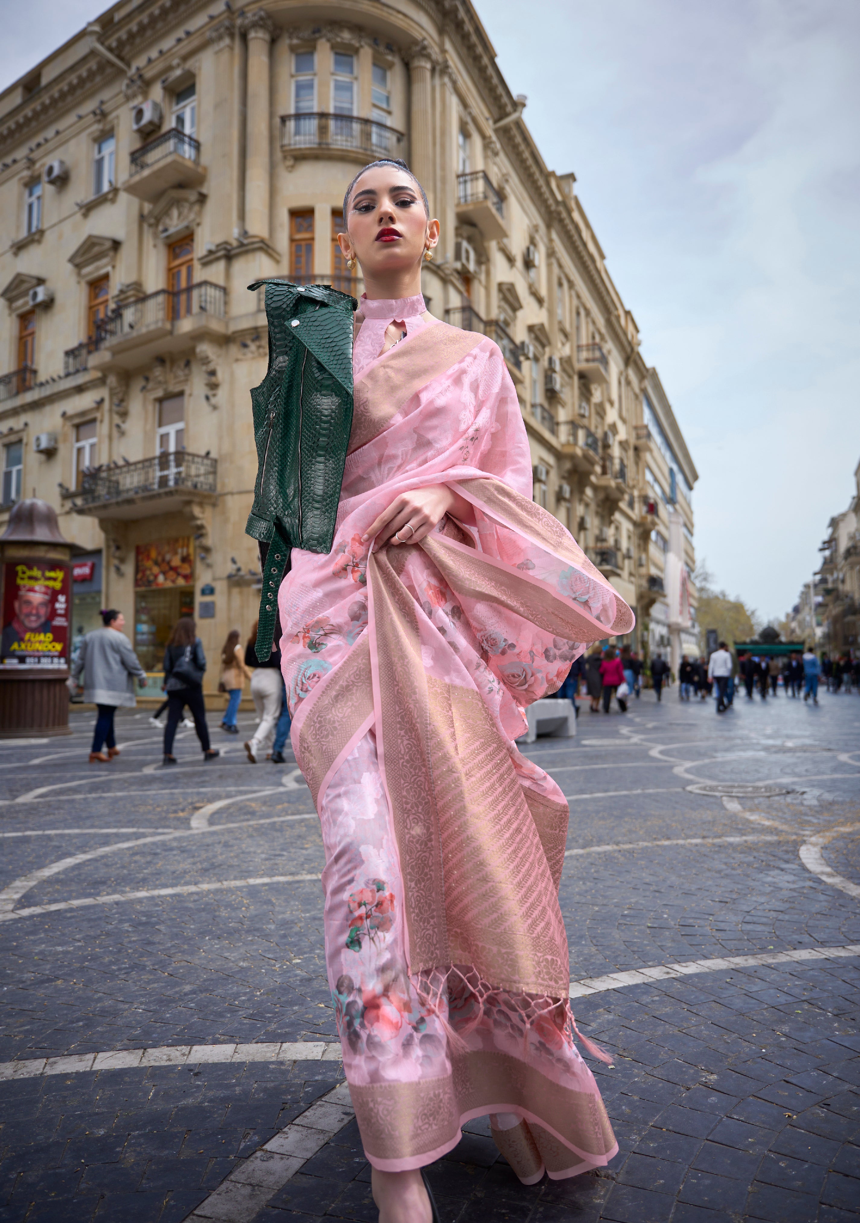 Blush Bloom Pink Handloom Poly Brasso Saree