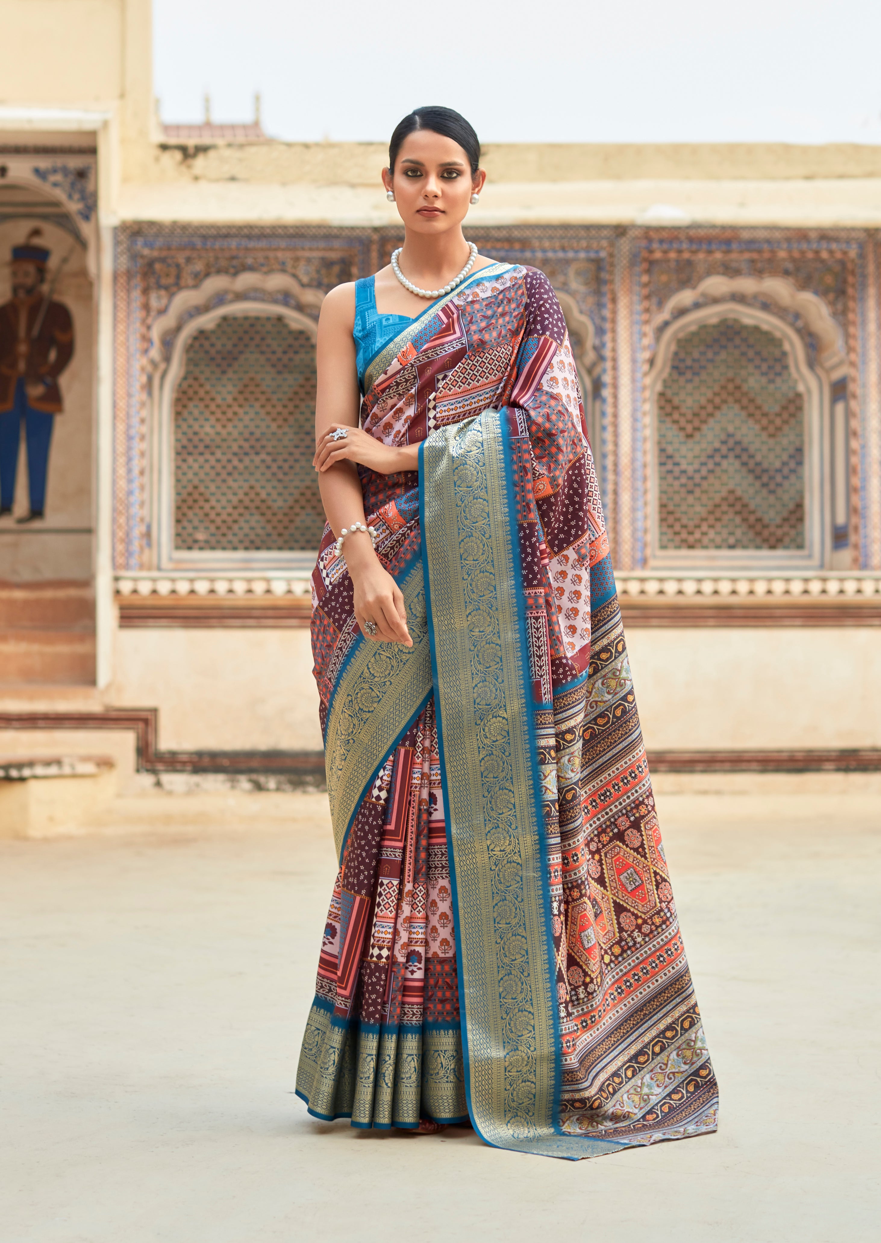 Cerulean Blue and Rosy Pink Banarasi Printed Silk Saree