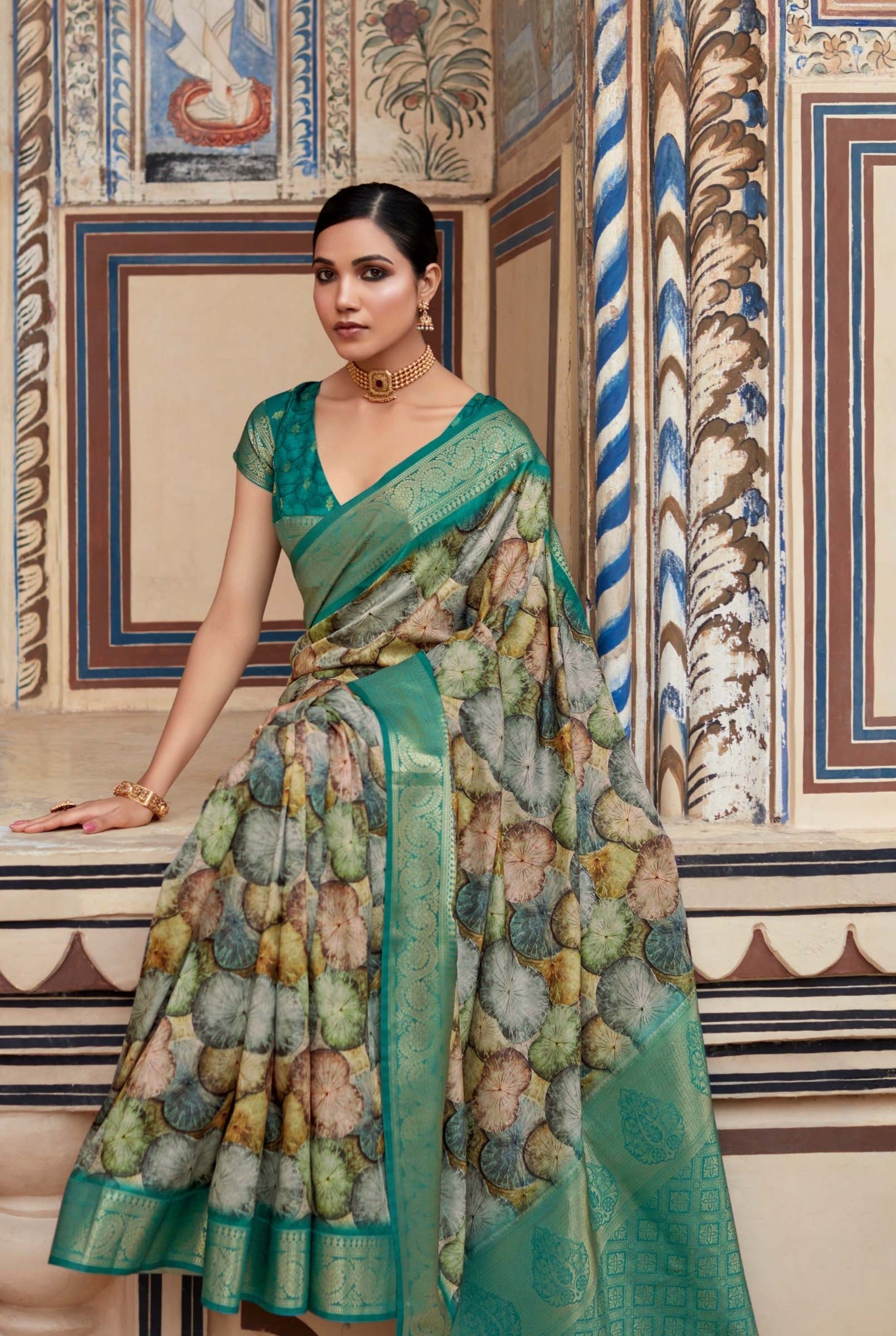 Viridian Green Banarasi Printed Silk Saree