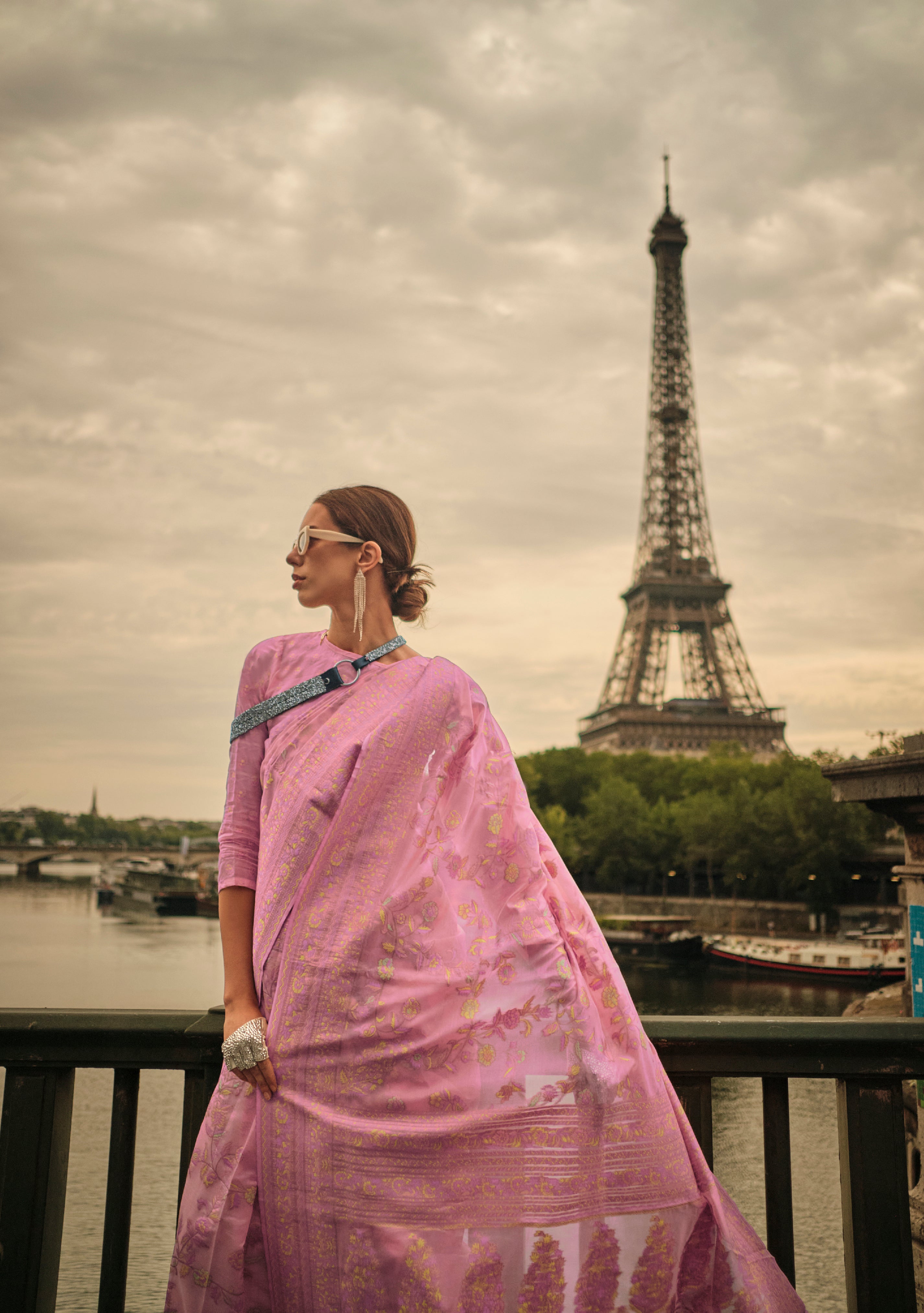 Charming Pink Kashmiri Organza Handloom Saree