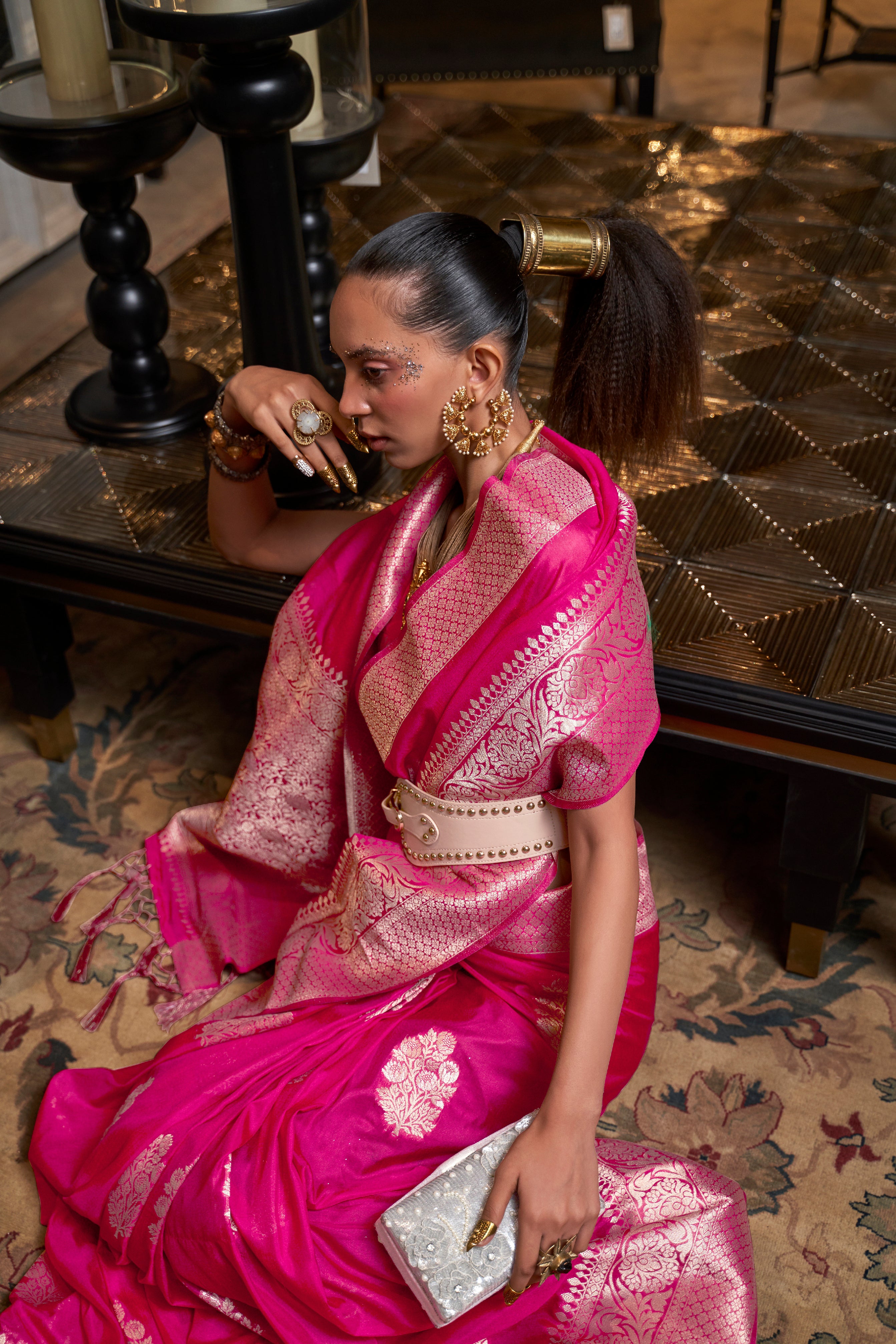 Rosy Dark Pink Woven Georgette Silk Saree