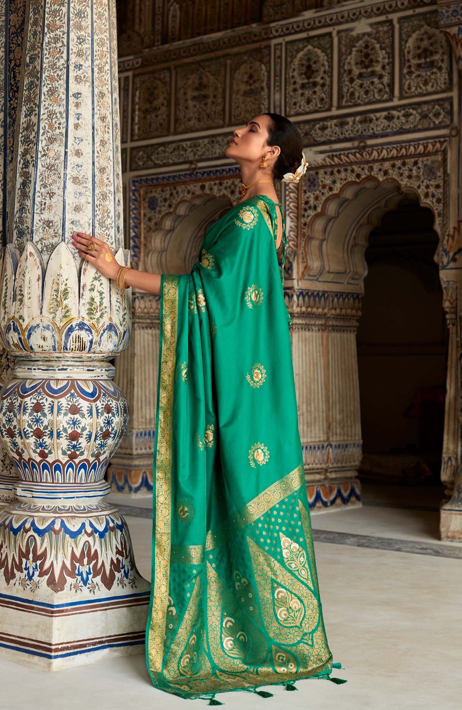 Forest Green Woven Banarasi Satin Silk Saree with Brocade Blouse