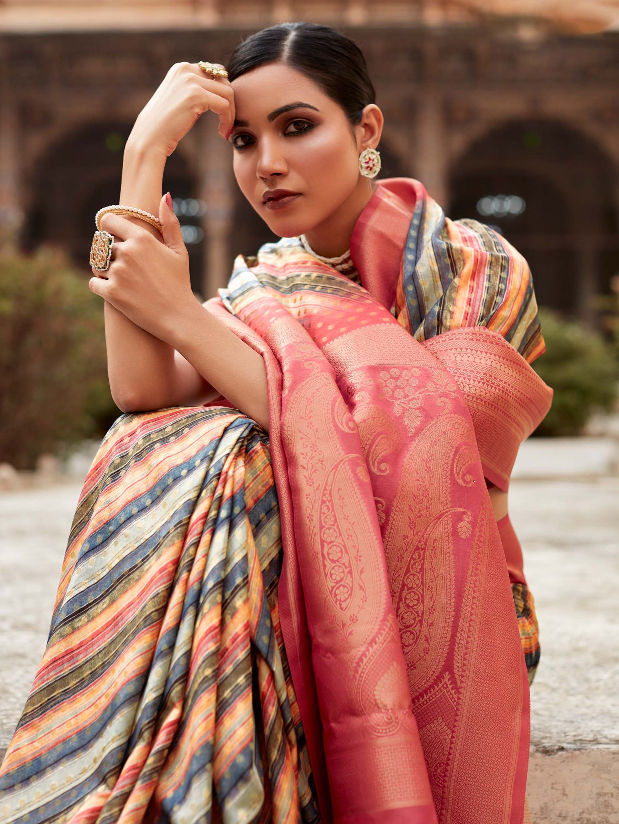 Exquisite Multicolor Pink Banarasi Digital Printed Silk Saree