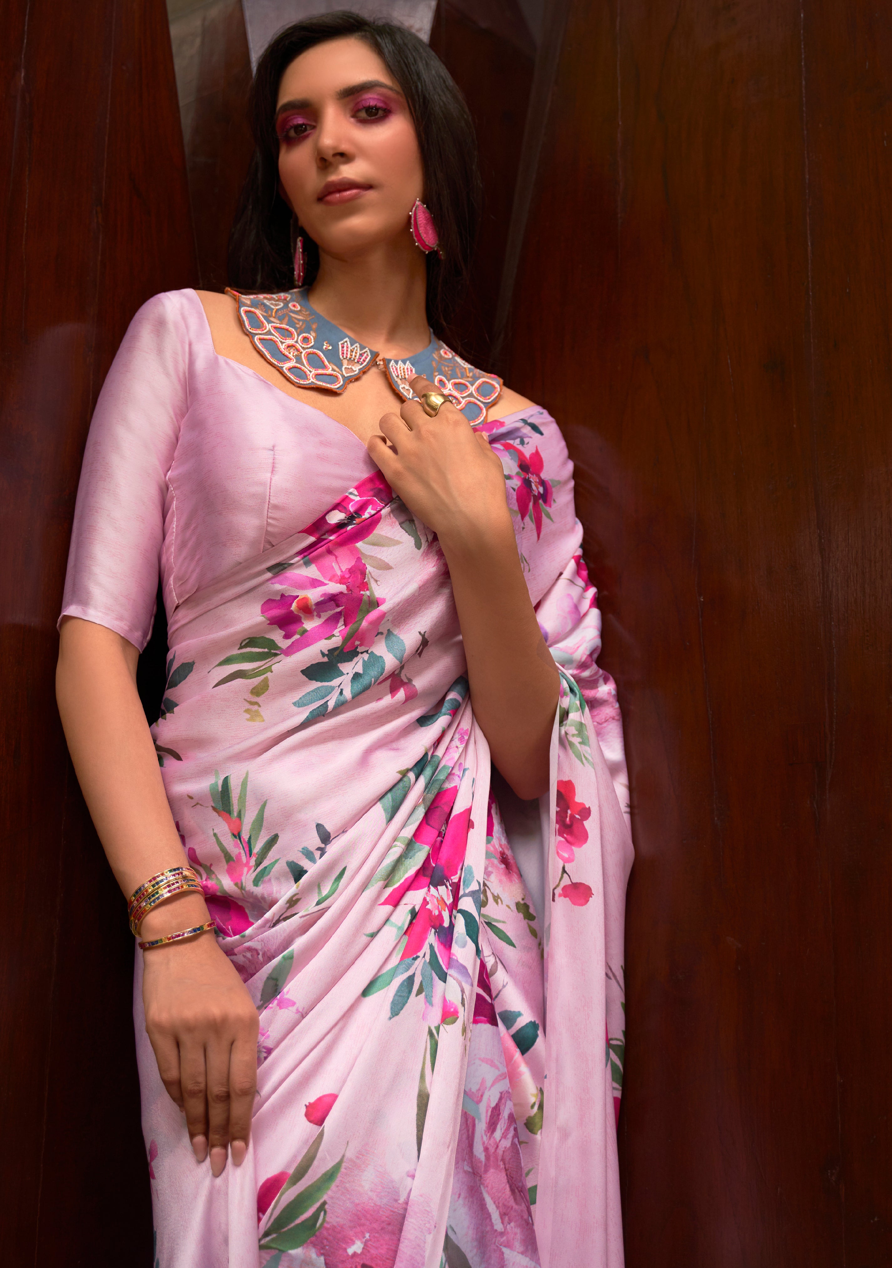 Blush Pink Floral Printed Satin Silk Saree