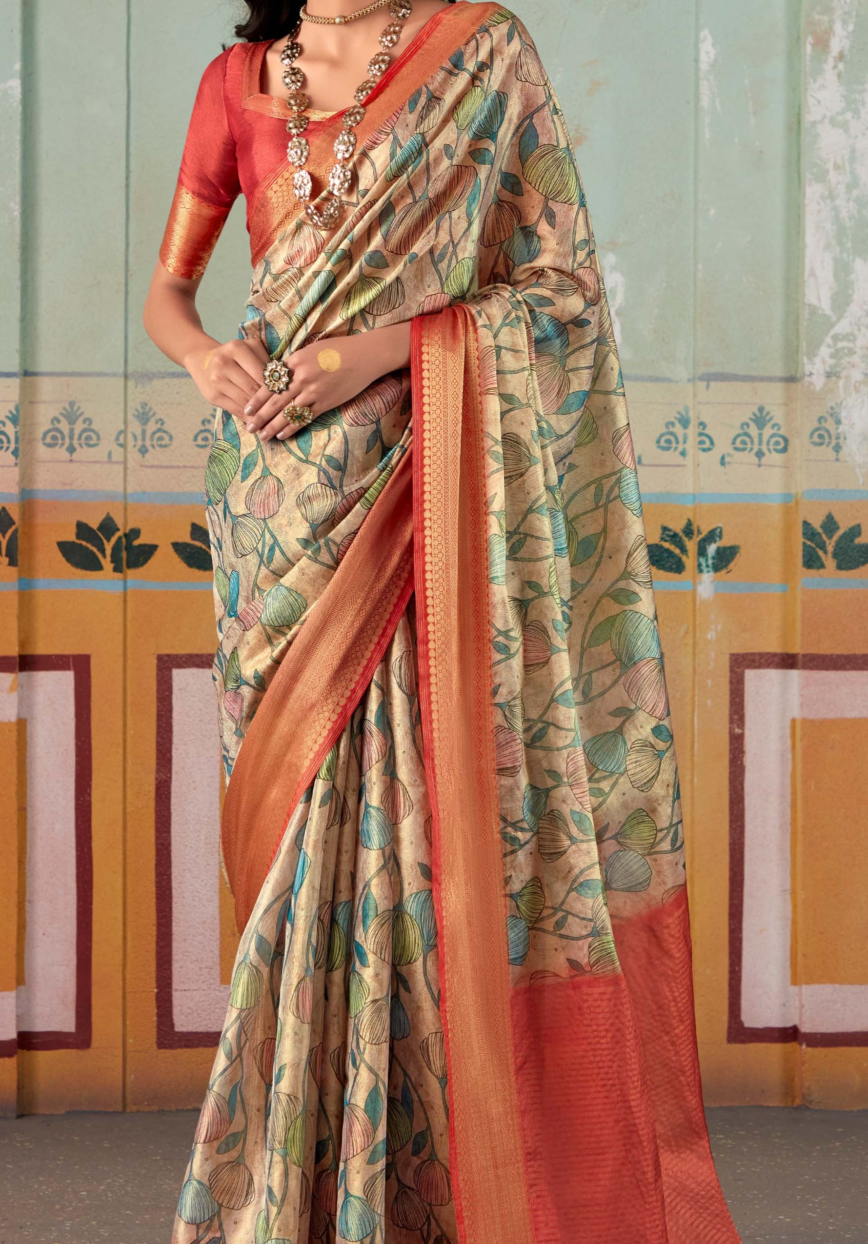 Exquisite Mint Green and Red Banarasi Tissue Silk Saree