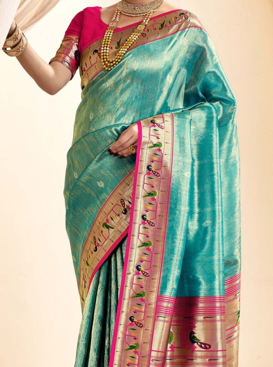 Enchanting Sky Green Paithani Tissue Silk Saree